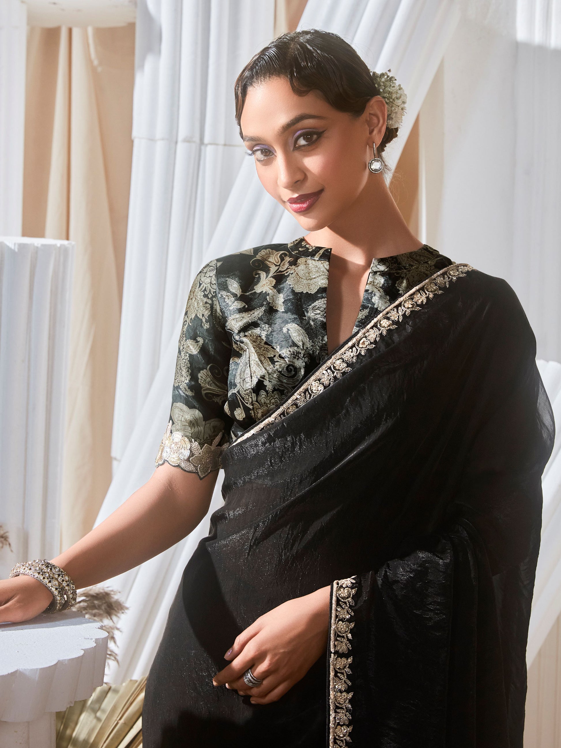 Sweet Black Border Work Organza Event Wear Saree With Blouse