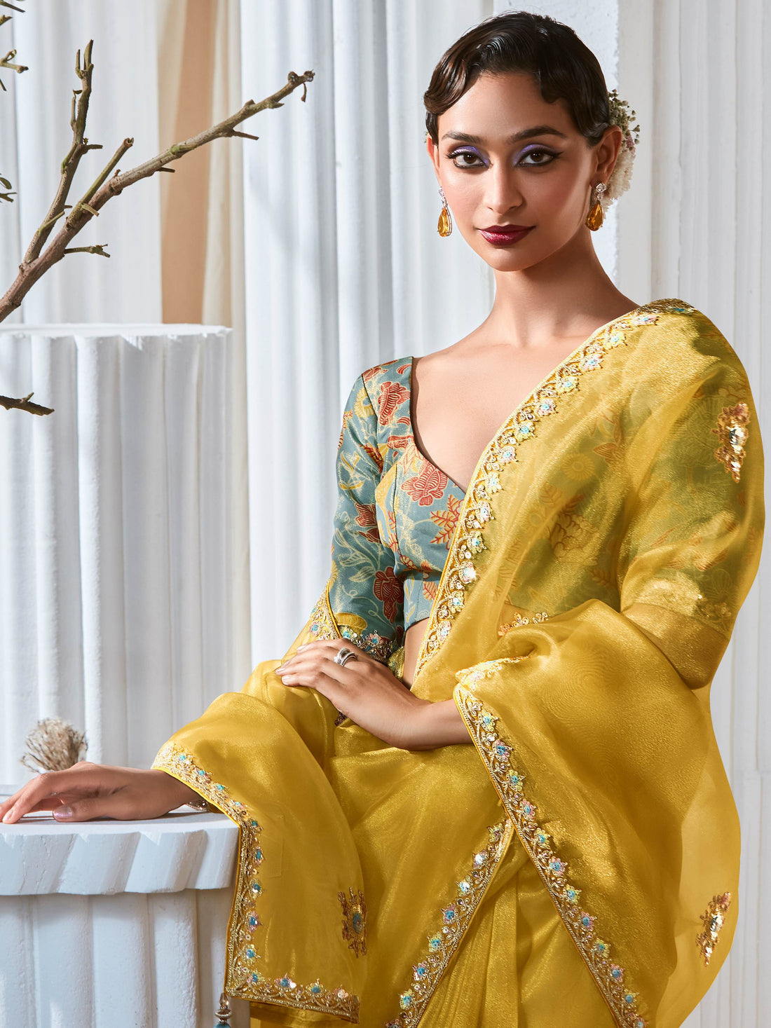 Tantalizing Embroidered Organza Haldi Wear Saree With Blouse
