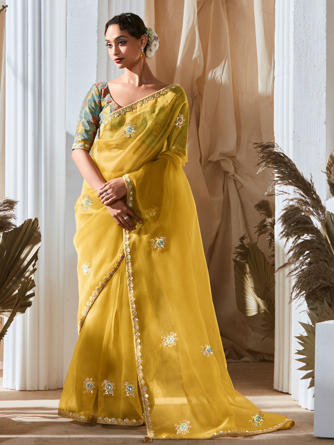 Tantalizing Embroidered Organza Haldi Wear Saree With Blouse