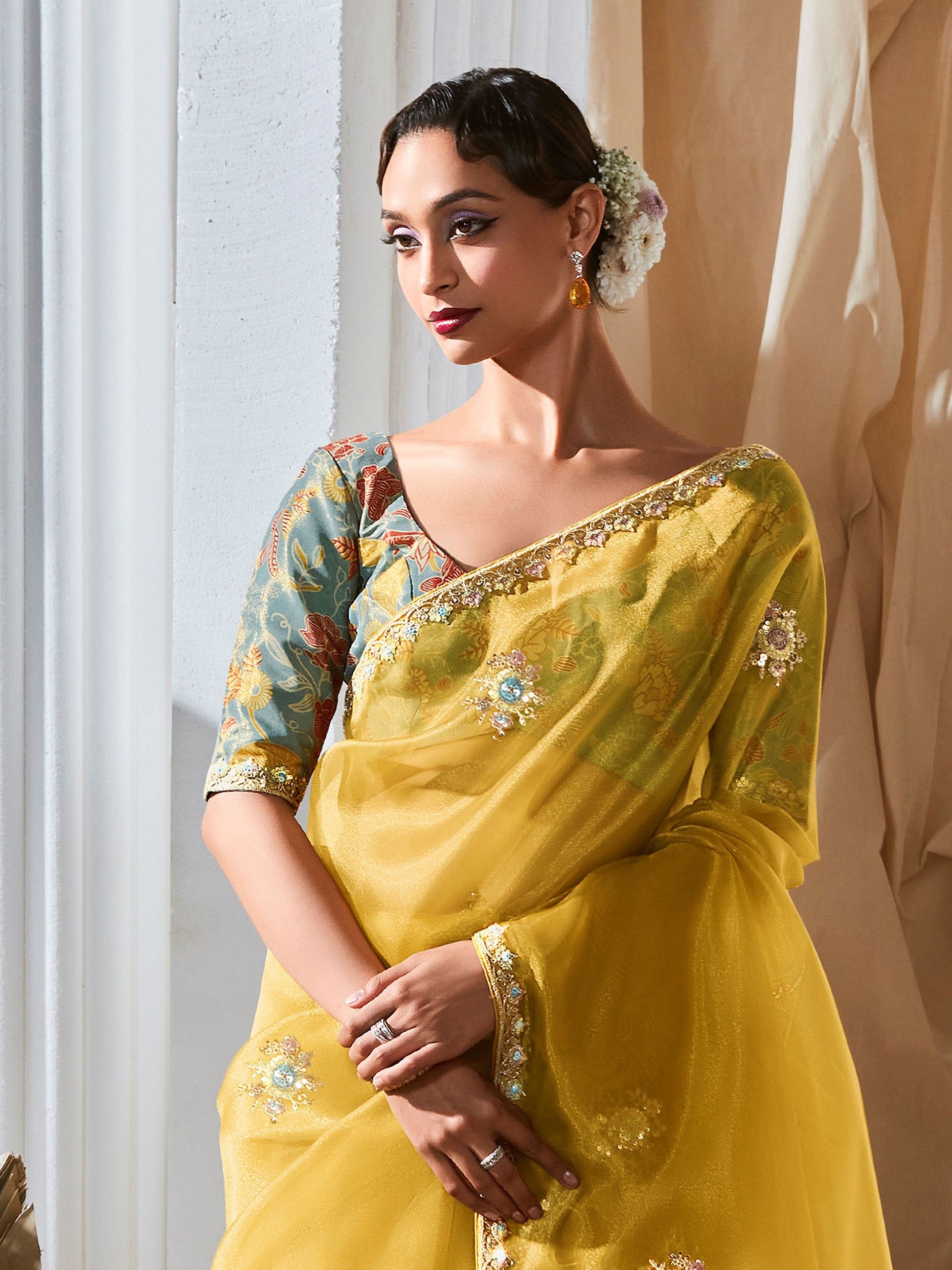 Tantalizing Embroidered Organza Haldi Wear Saree With Blouse