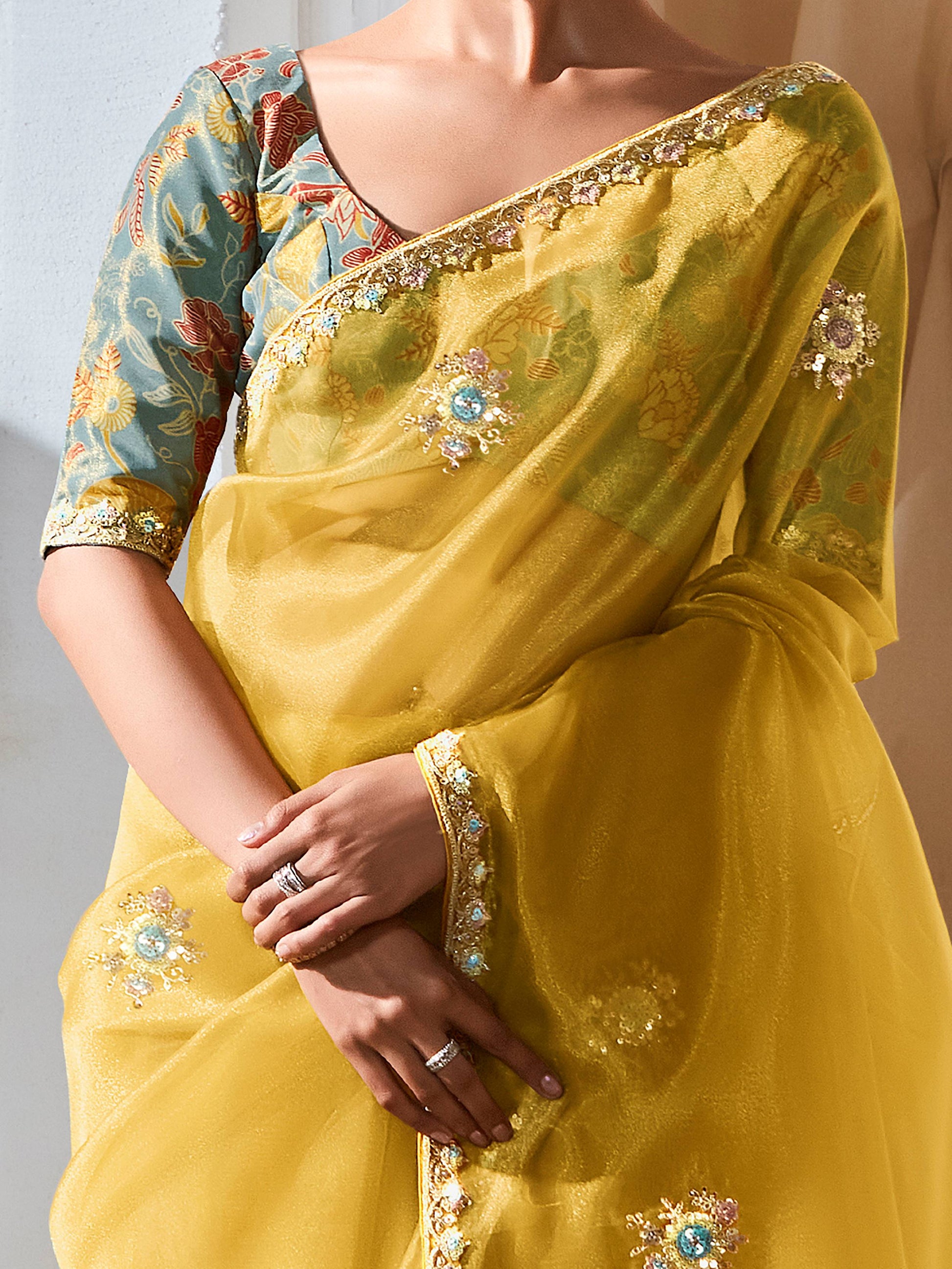 Tantalizing Embroidered Organza Haldi Wear Saree With Blouse