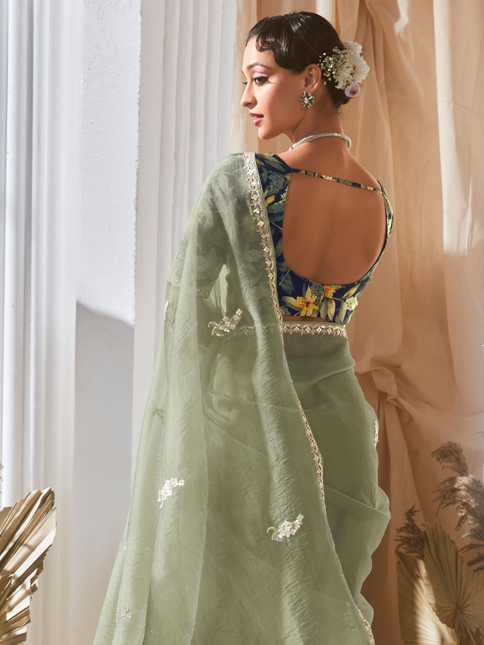 Spectacular Pastel Green Sequins Work Organza Evening Wear Saree With Blouse