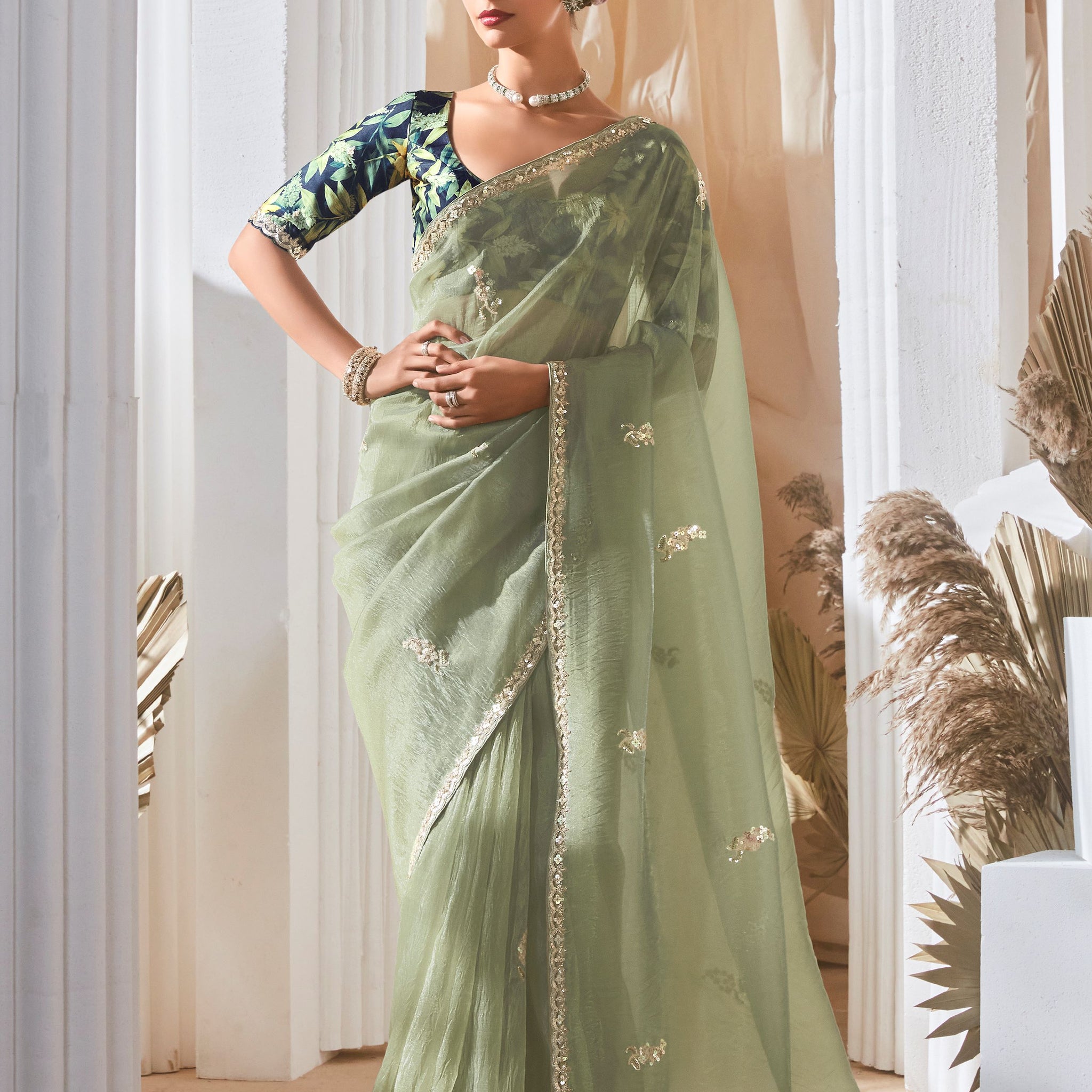 Spectacular Pastel Green Sequins Work Organza Evening Wear Saree With Blouse