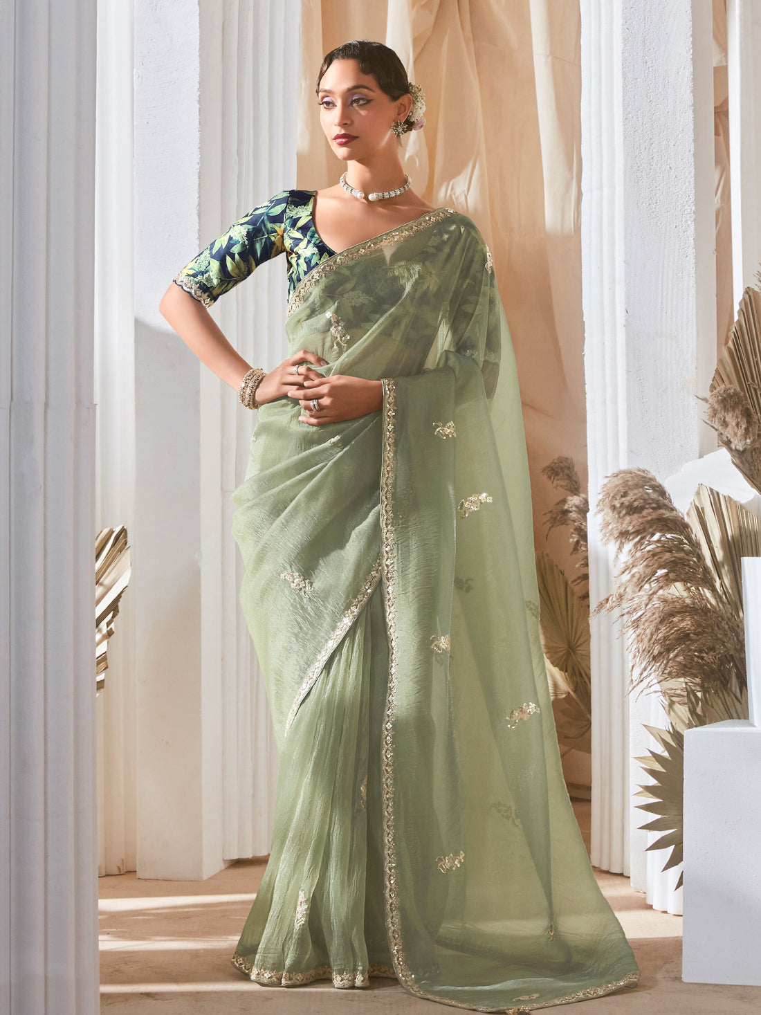 Spectacular Pastel Green Sequins Work Organza Evening Wear Saree With Blouse