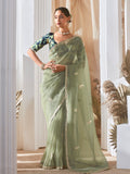 Spectacular Pastel Green Sequins Work Organza Evening Wear Saree With Blouse