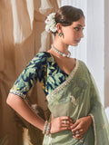 Spectacular Pastel Green Sequins Work Organza Evening Wear Saree With Blouse