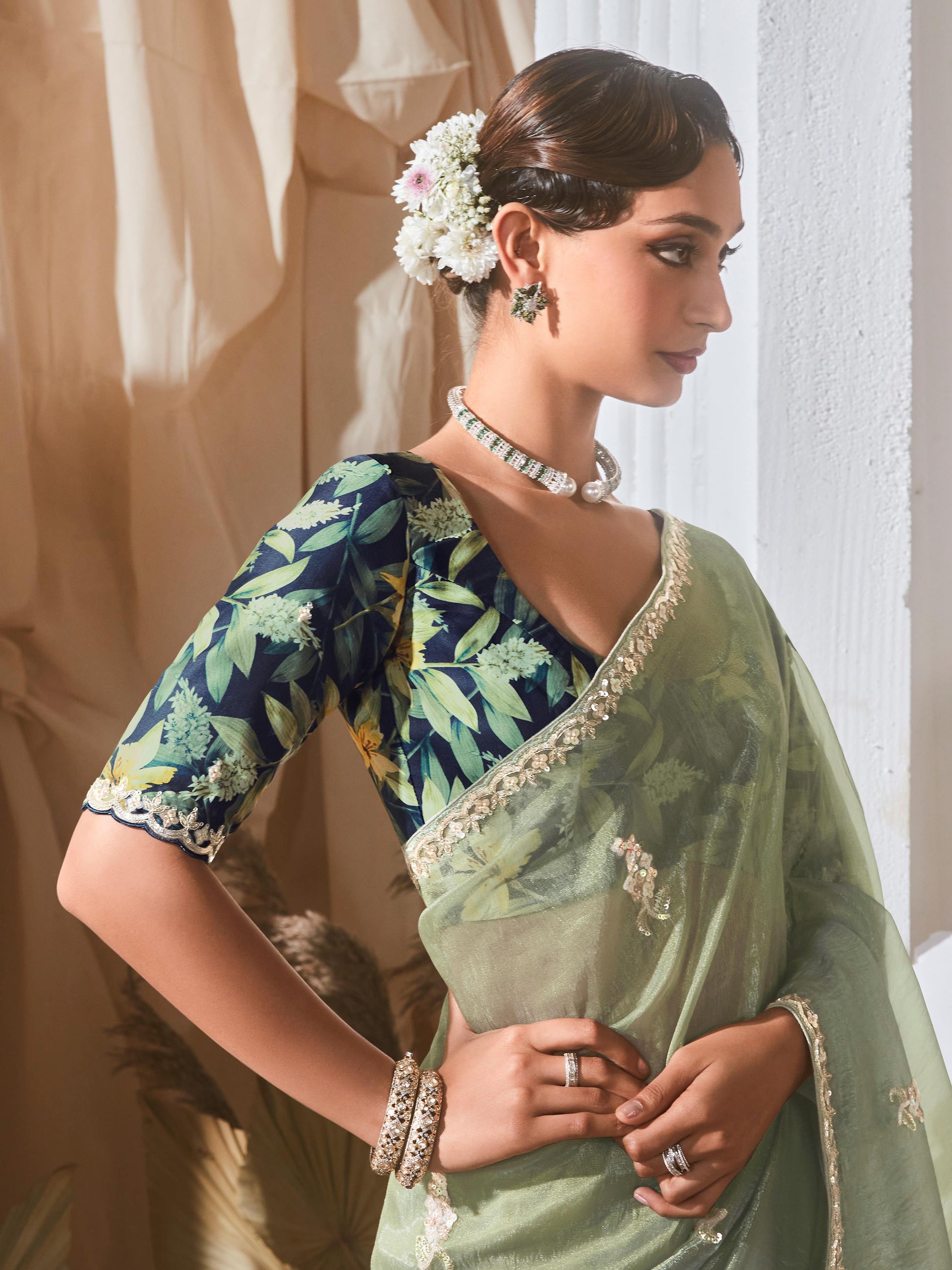 Spectacular Pastel Green Sequins Work Organza Evening Wear Saree With Blouse
