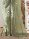 Spectacular Pastel Green Sequins Work Organza Evening Wear Saree With Blouse