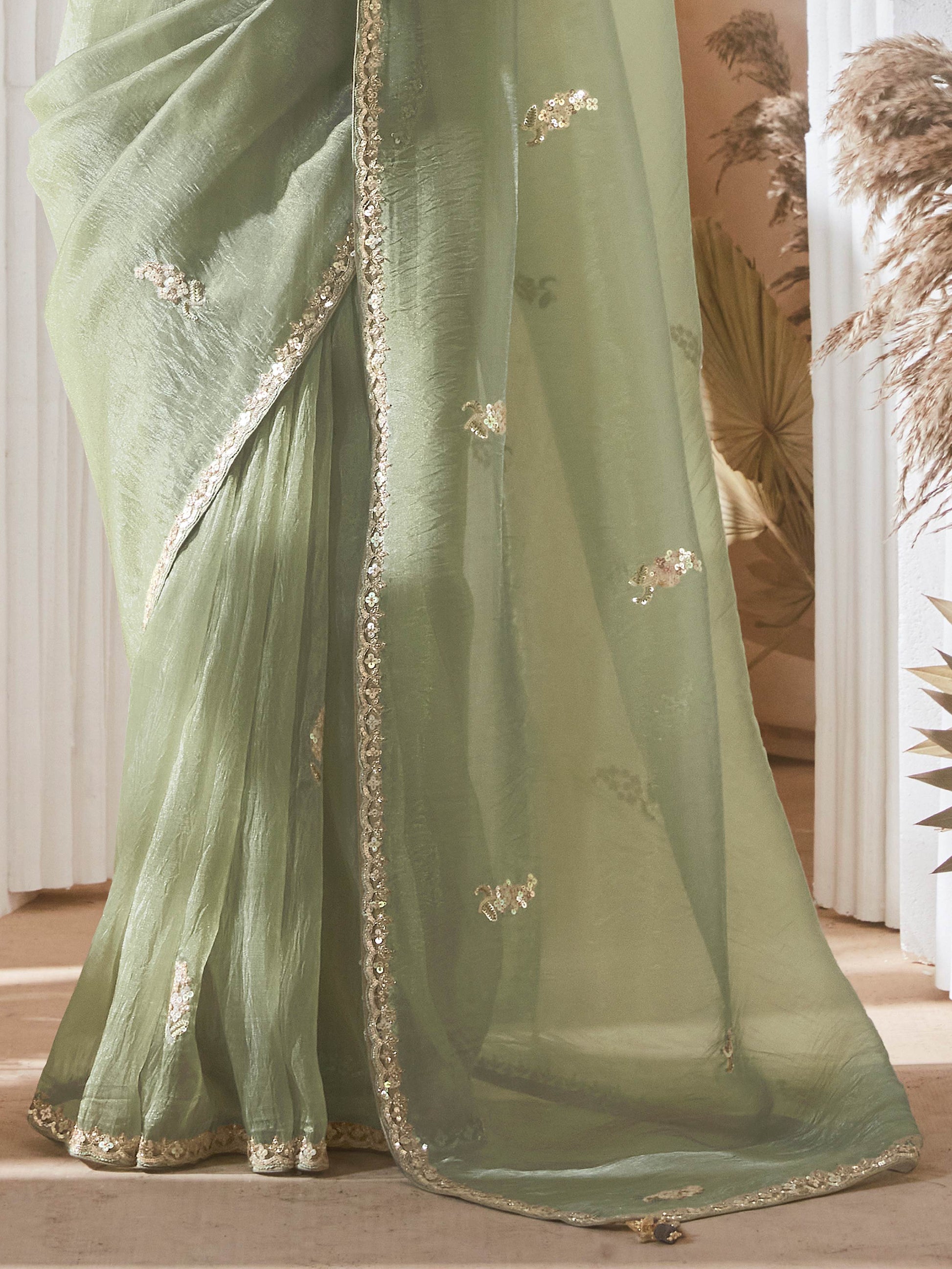 Spectacular Pastel Green Sequins Work Organza Evening Wear Saree With Blouse