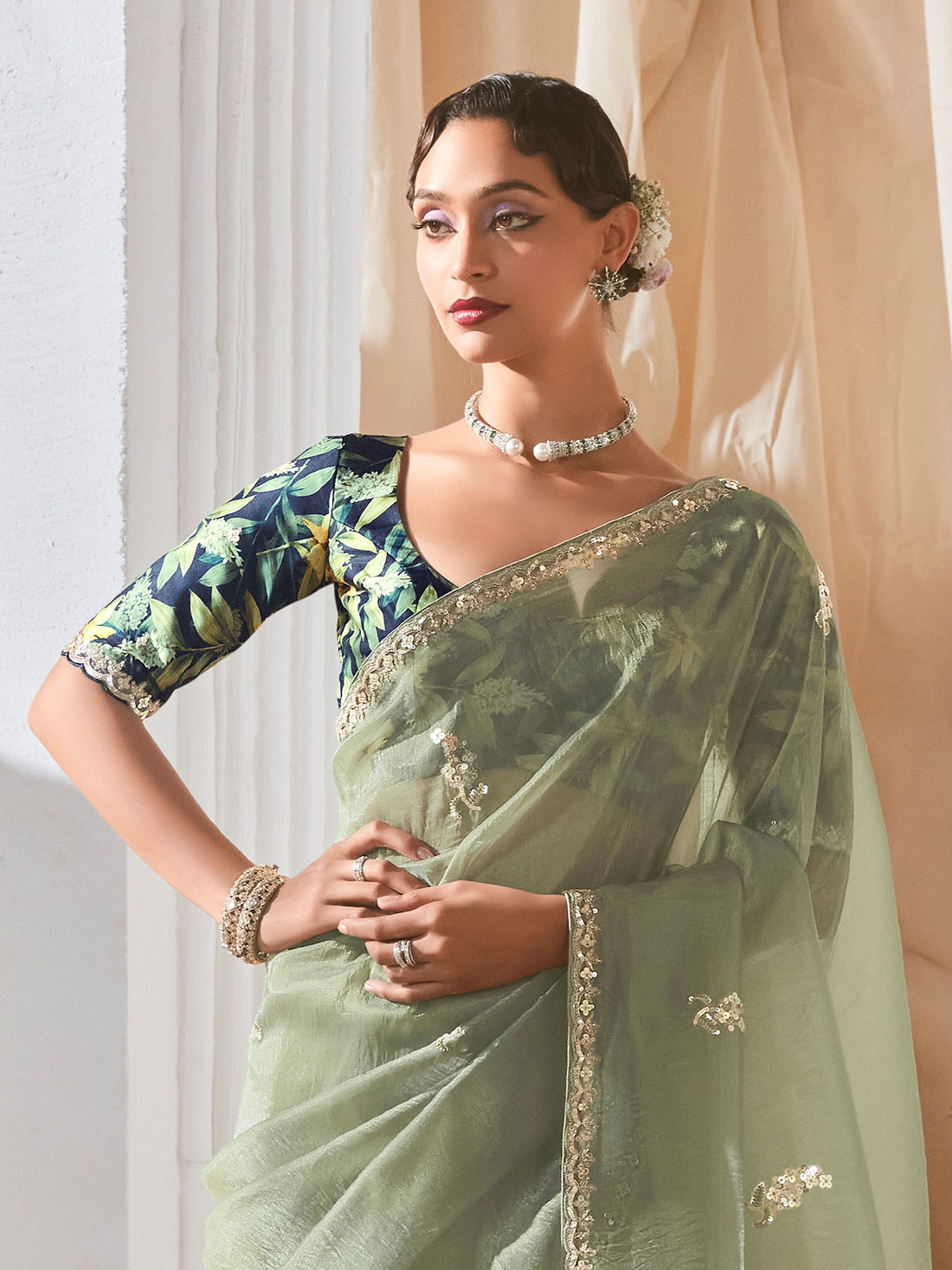 Spectacular Pastel Green Sequins Work Organza Evening Wear Saree With Blouse