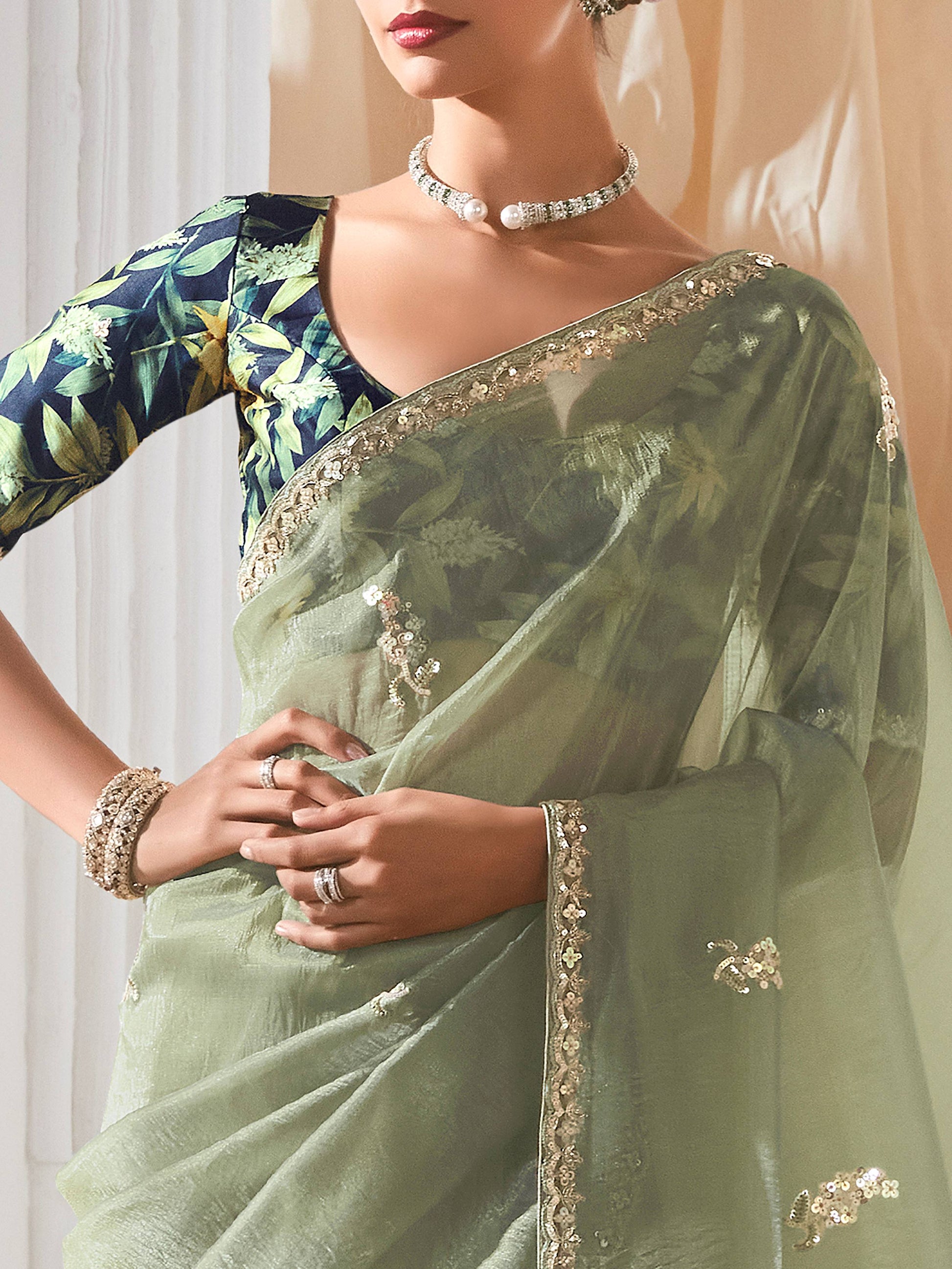 Spectacular Pastel Green Sequins Work Organza Evening Wear Saree With Blouse