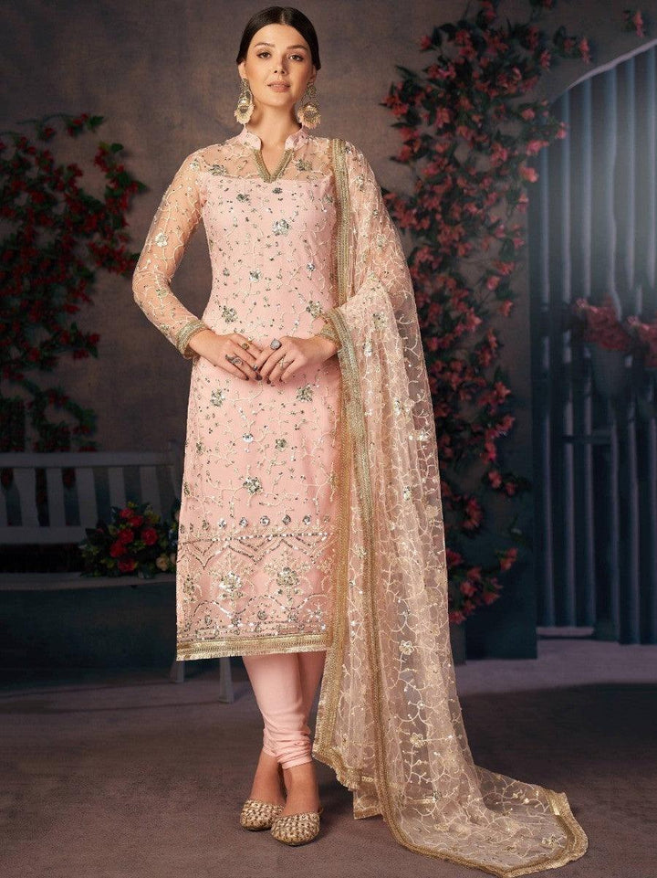 Wonderful Light Peach Thread Embroidery Readymade  Salwaar Kameez