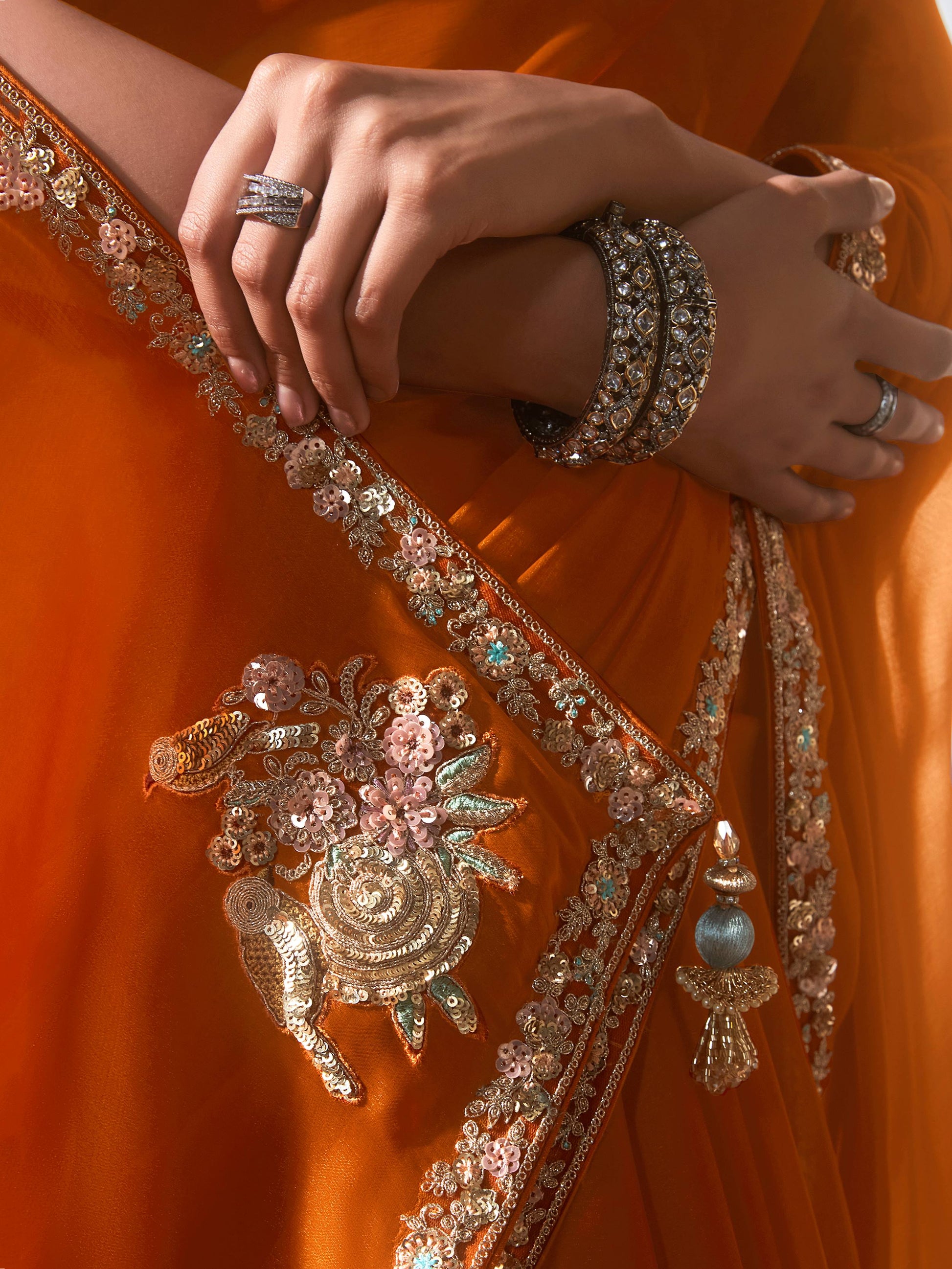 Stunning Orange Border Work Organza Festive Wear Saree With Blouse