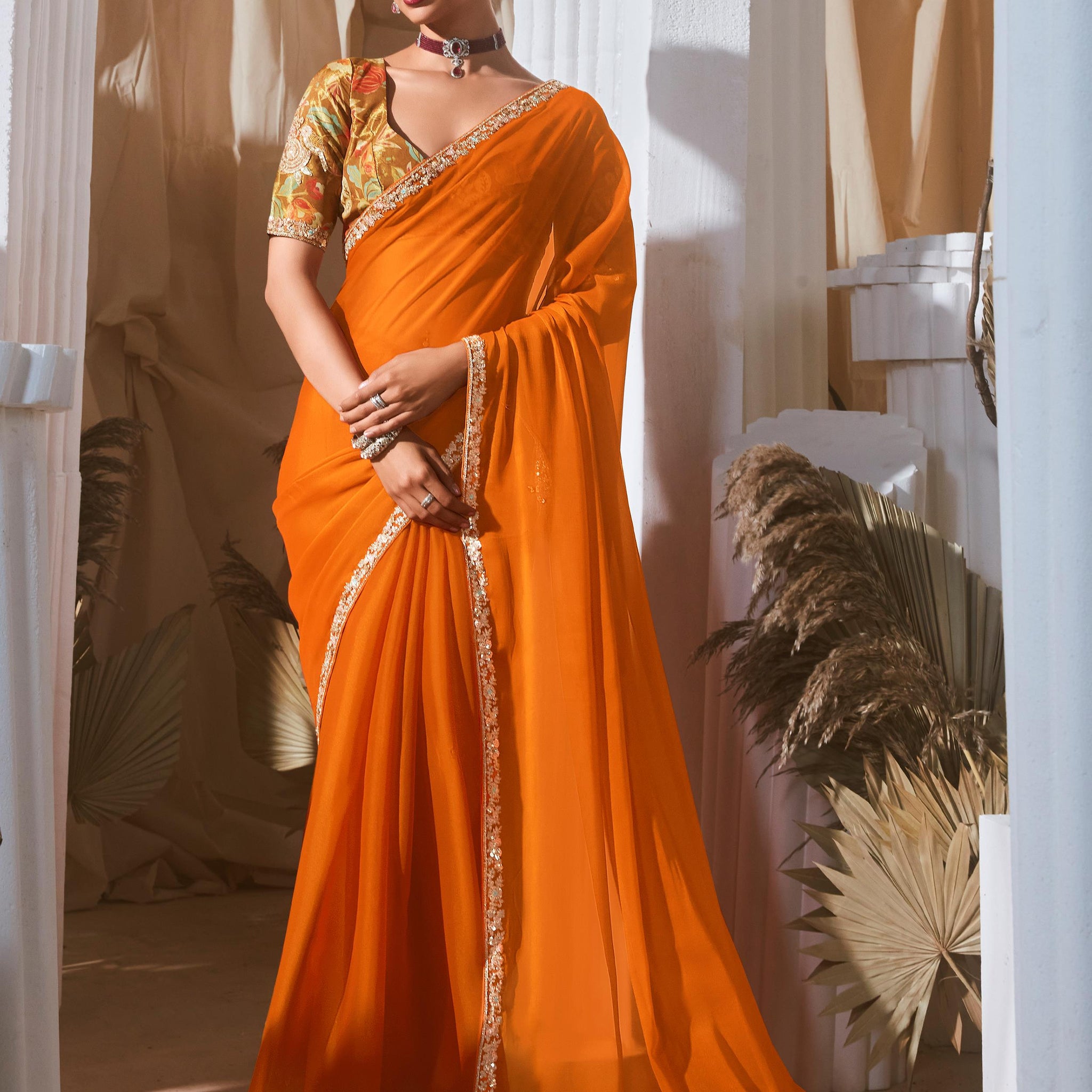 Stunning Orange Border Work Organza Festive Wear Saree With Blouse