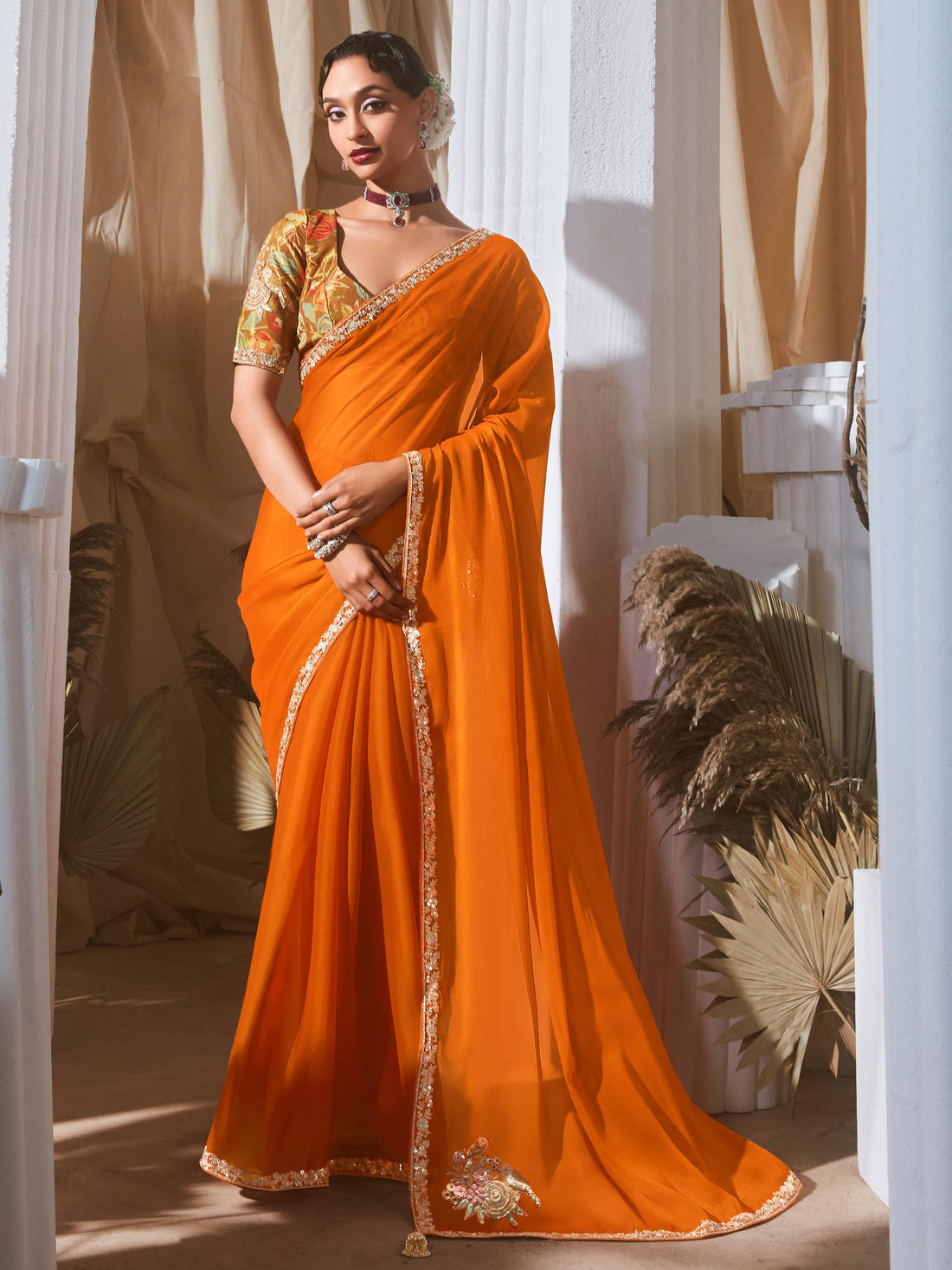 Stunning Orange Border Work Organza Festive Wear Saree With Blouse