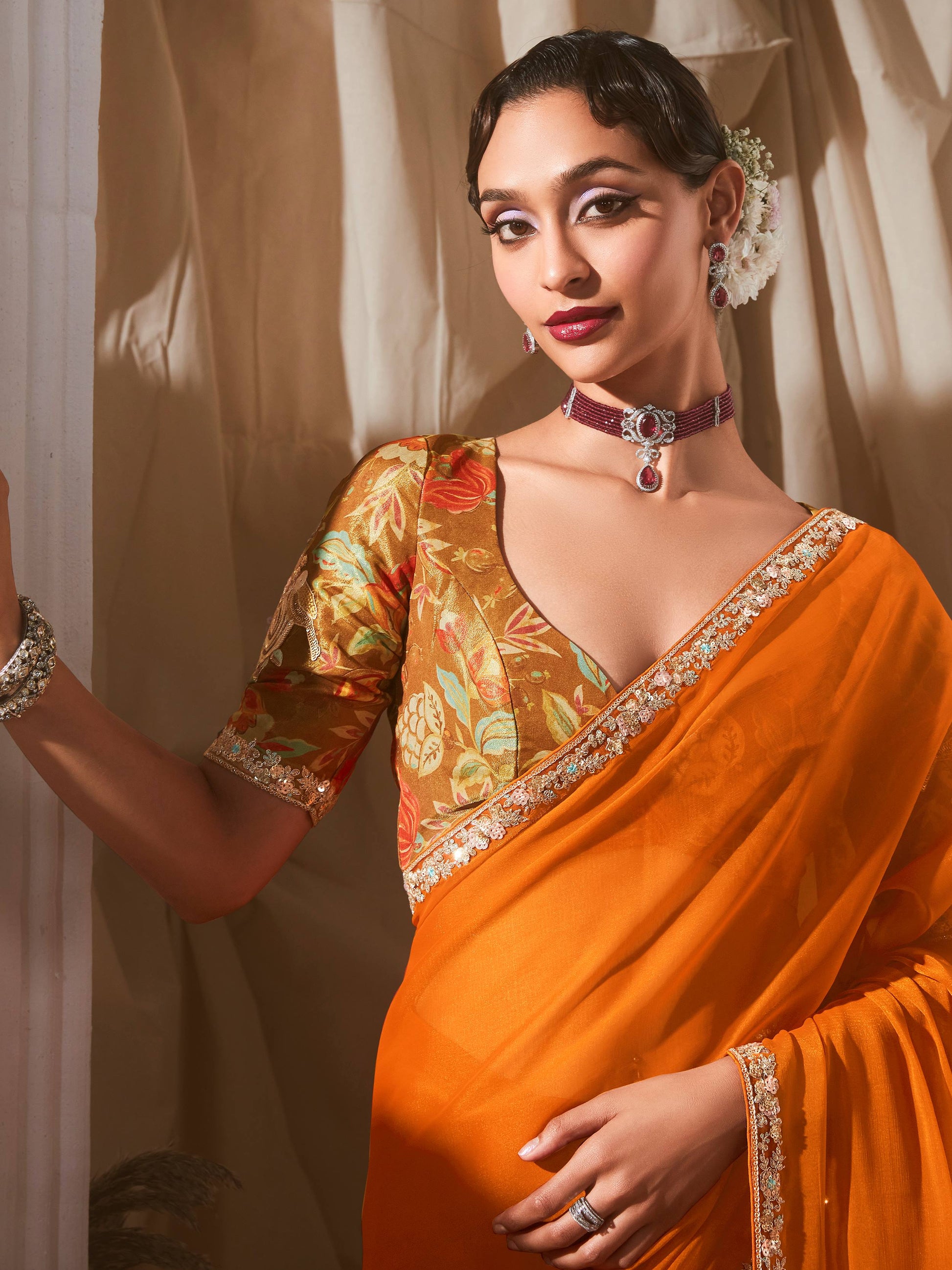 Stunning Orange Border Work Organza Festive Wear Saree With Blouse