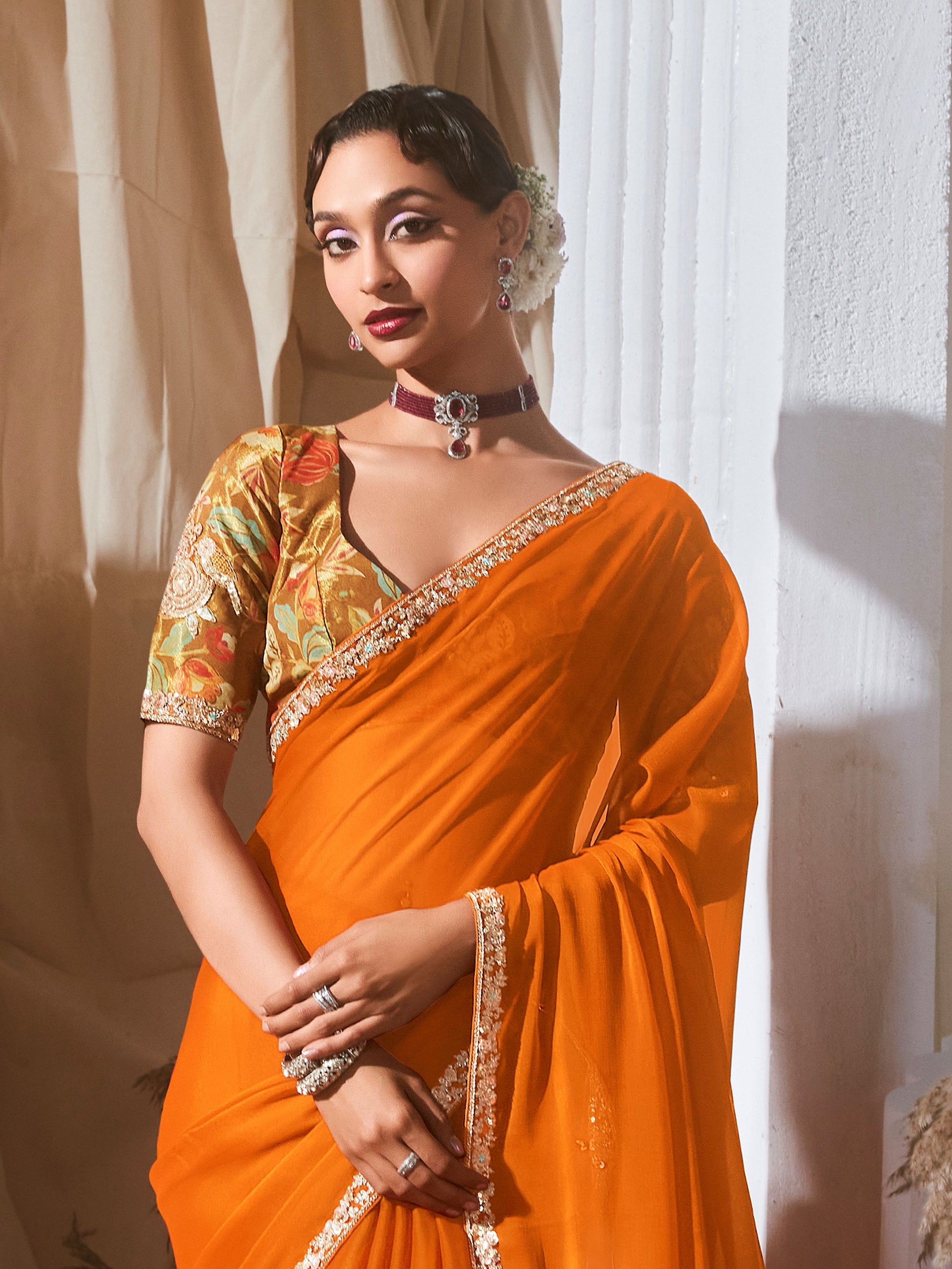 Stunning Orange Border Work Organza Festive Wear Saree With Blouse