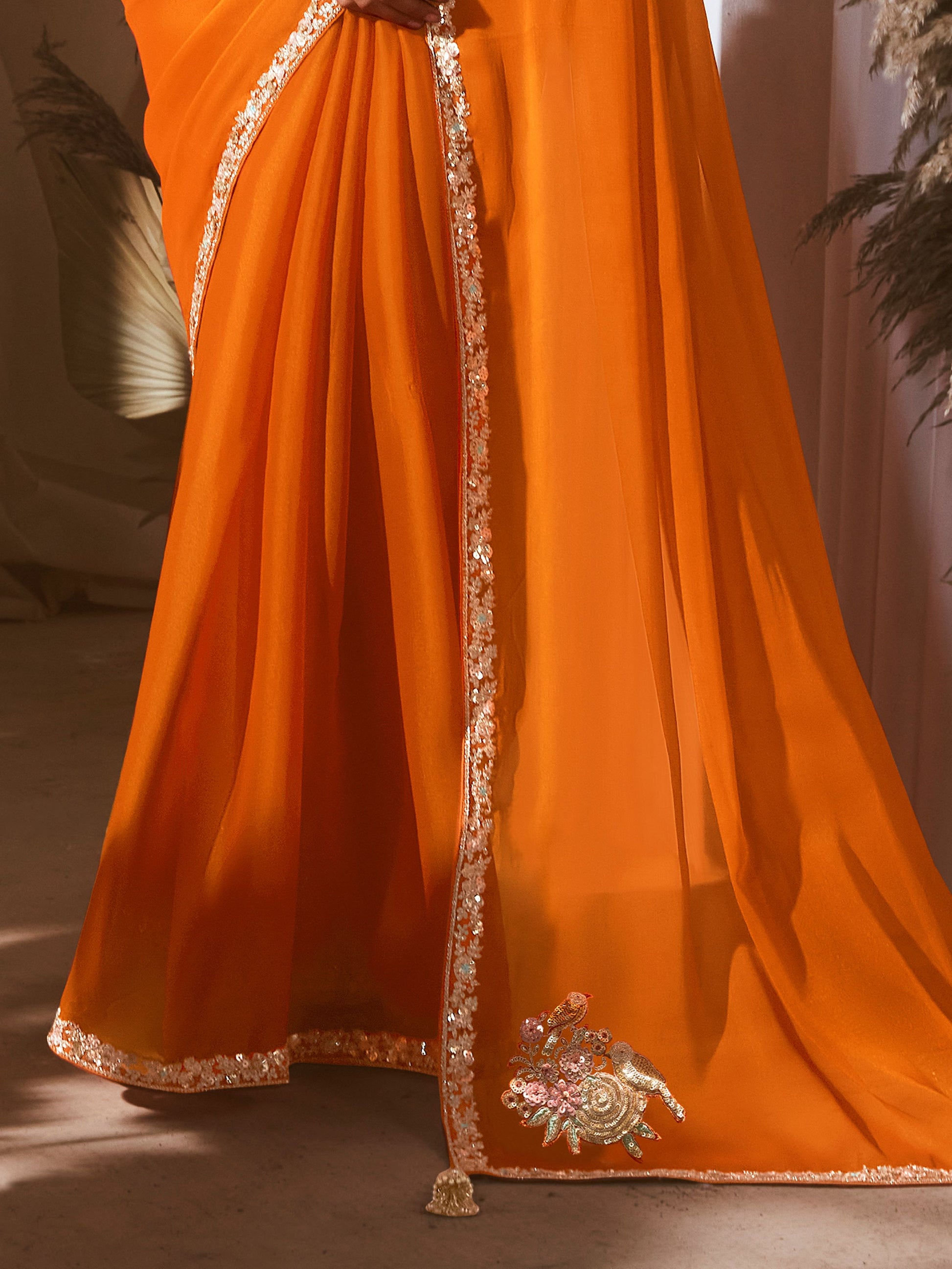 Stunning Orange Border Work Organza Festive Wear Saree With Blouse