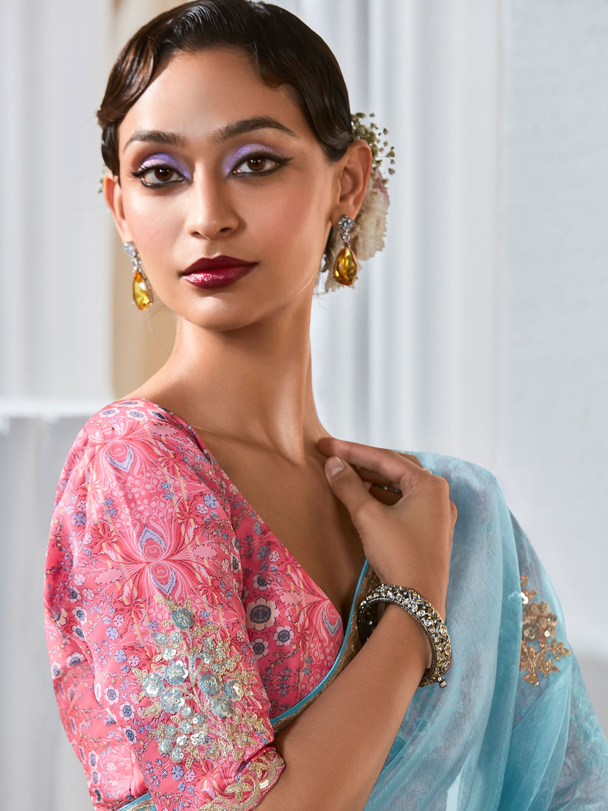 Outstanding Sky Blue Embroidered Organza Saree With Pink Blouse