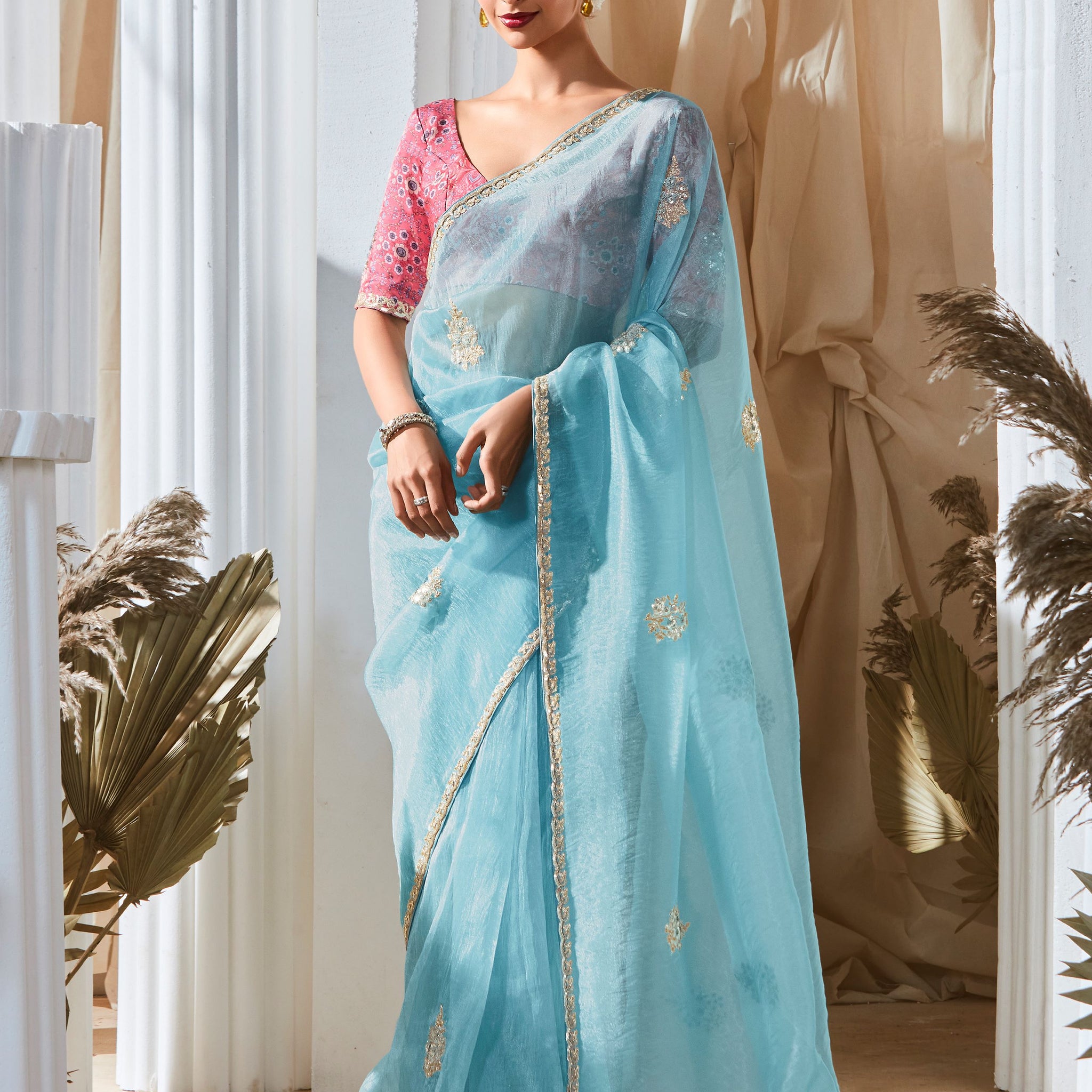 Outstanding Sky Blue Embroidered Organza Saree With Pink Blouse