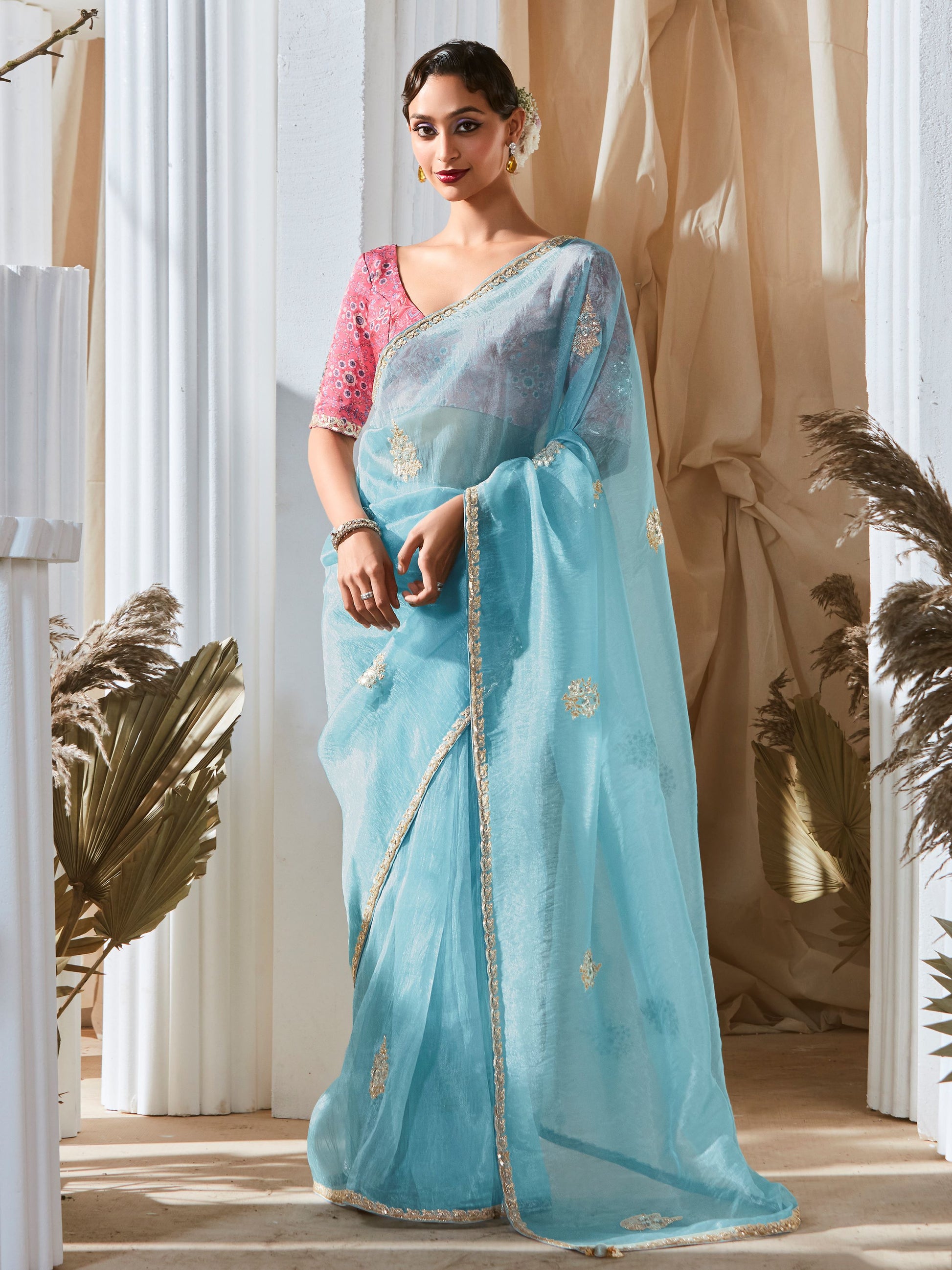 Outstanding Sky Blue Embroidered Organza Saree With Pink Blouse