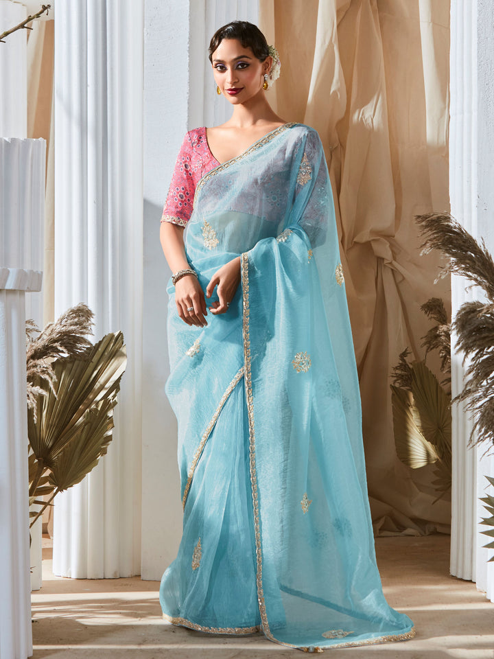 Outstanding Sky Blue Embroidered Organza Saree With Pink Blouse