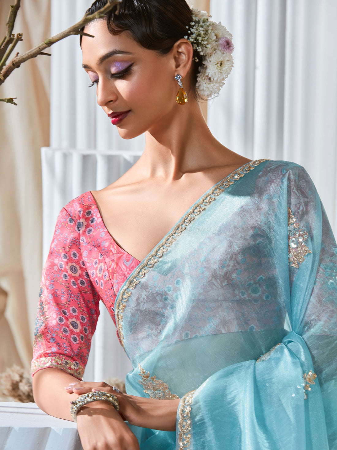 Outstanding Sky Blue Embroidered Organza Saree With Pink Blouse