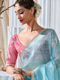 Outstanding Sky Blue Embroidered Organza Saree With Pink Blouse
