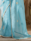 Outstanding Sky Blue Embroidered Organza Saree With Pink Blouse