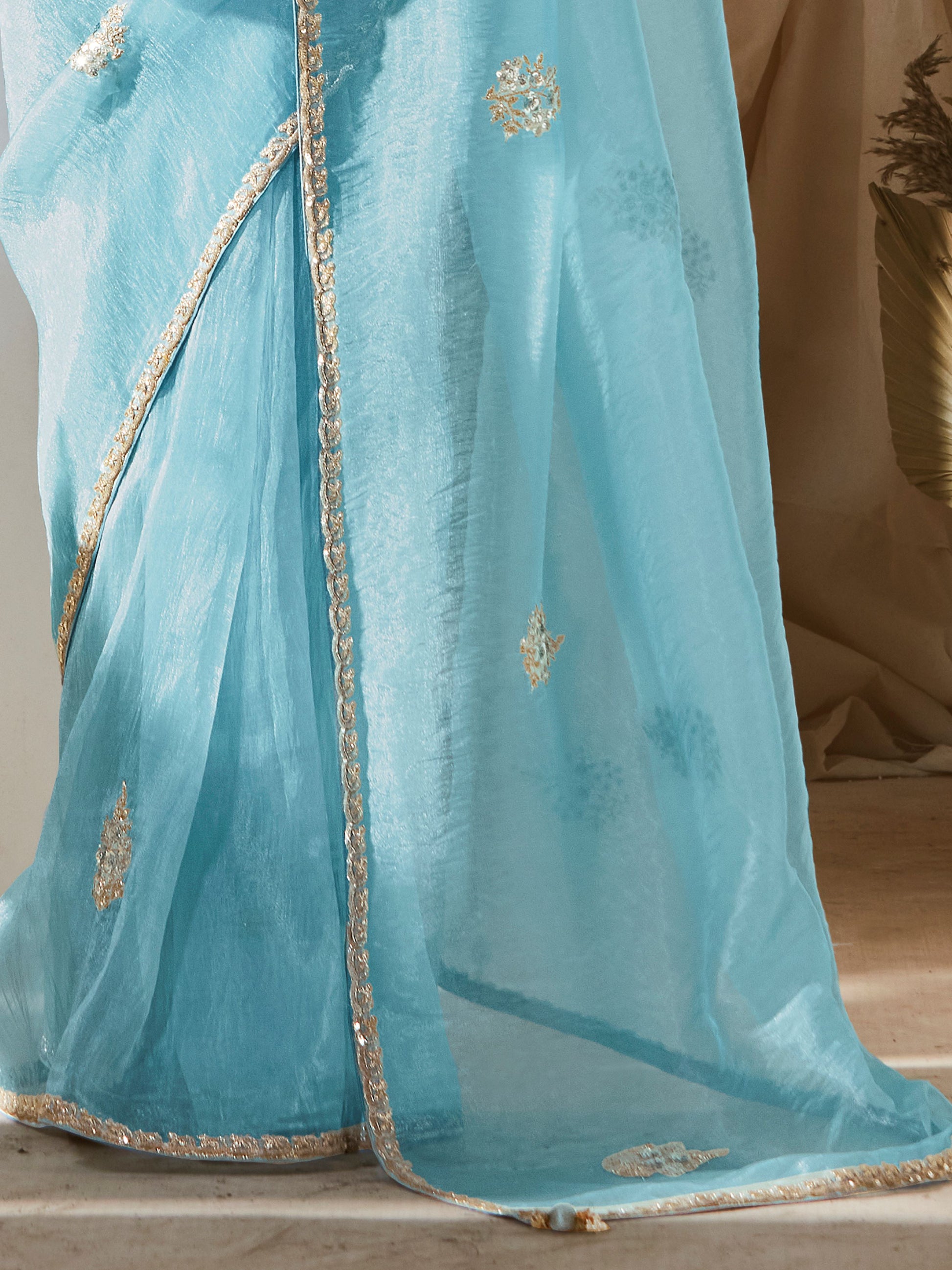 Outstanding Sky Blue Embroidered Organza Saree With Pink Blouse