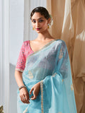 Outstanding Sky Blue Embroidered Organza Saree With Pink Blouse
