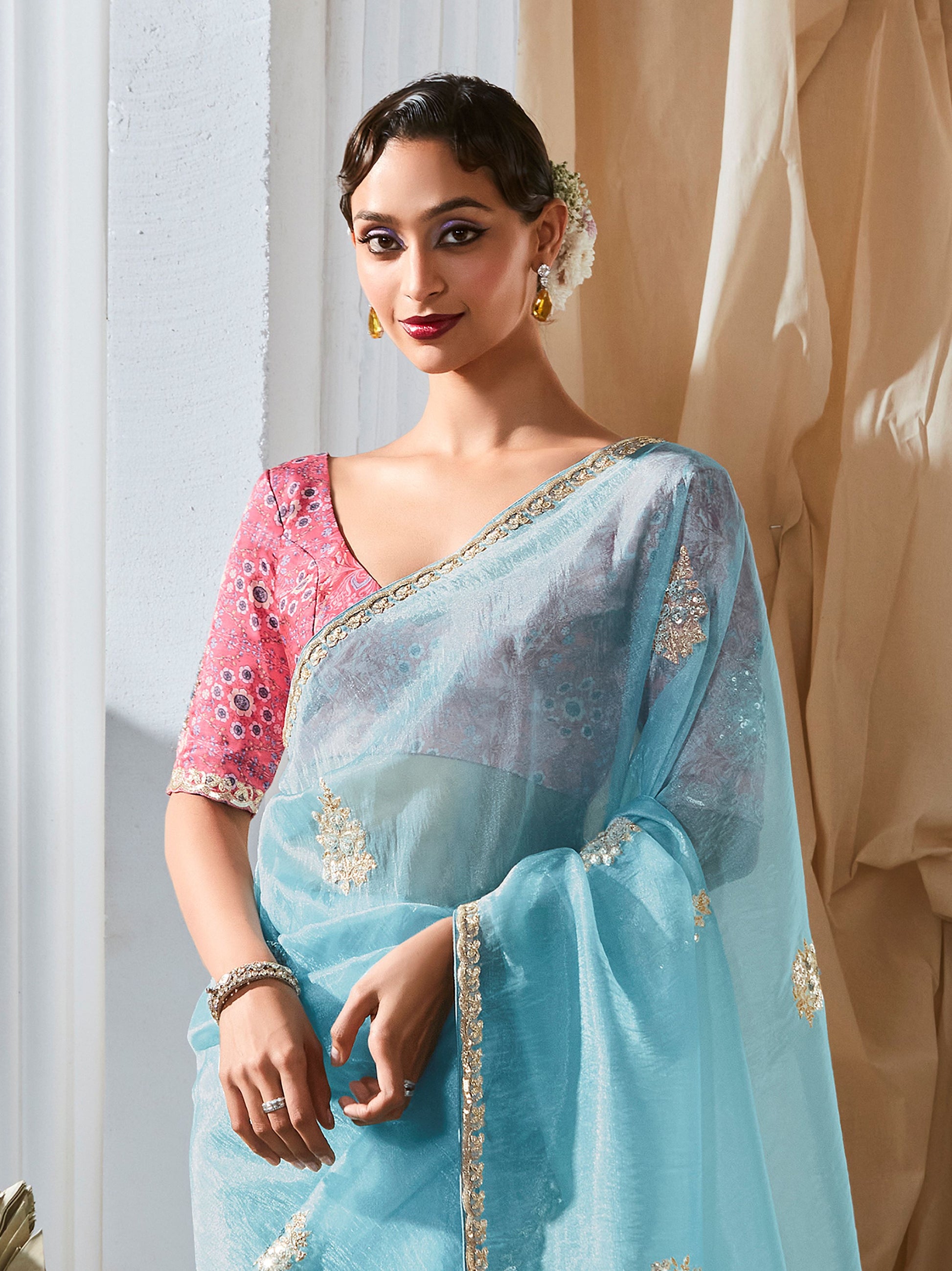 Outstanding Sky Blue Embroidered Organza Saree With Pink Blouse