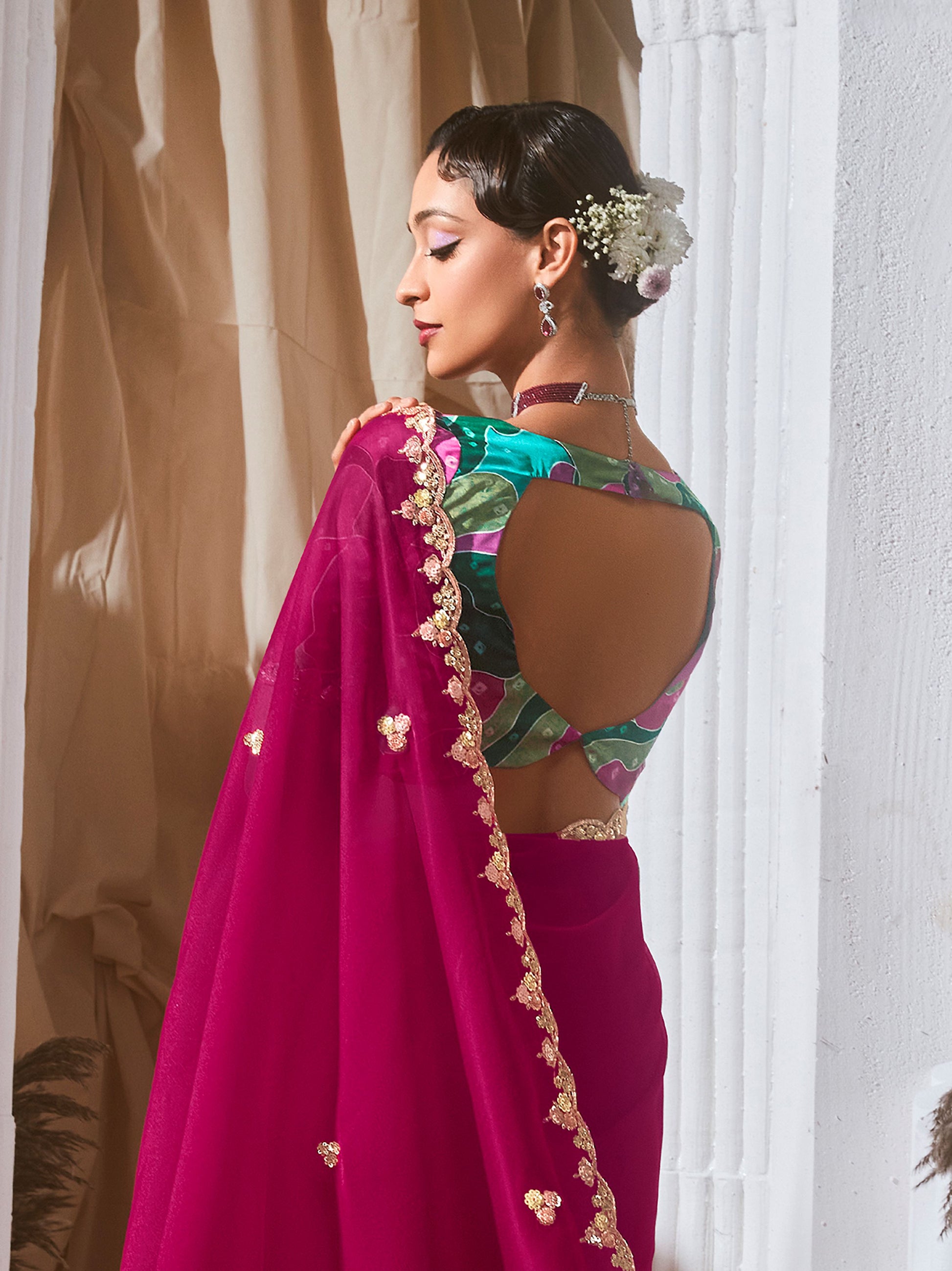 Alluring Hot Pink Sequins Embroidery Organza Party Wear Saree With Blouse