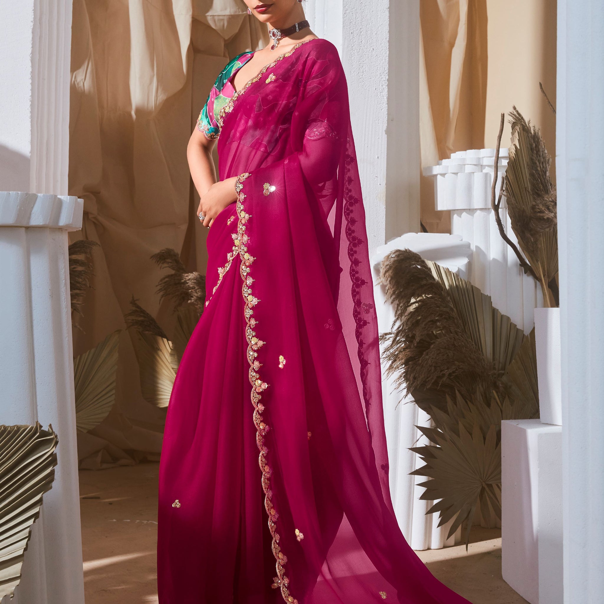 Alluring Hot Pink Sequins Embroidery Organza Party Wear Saree With Blouse