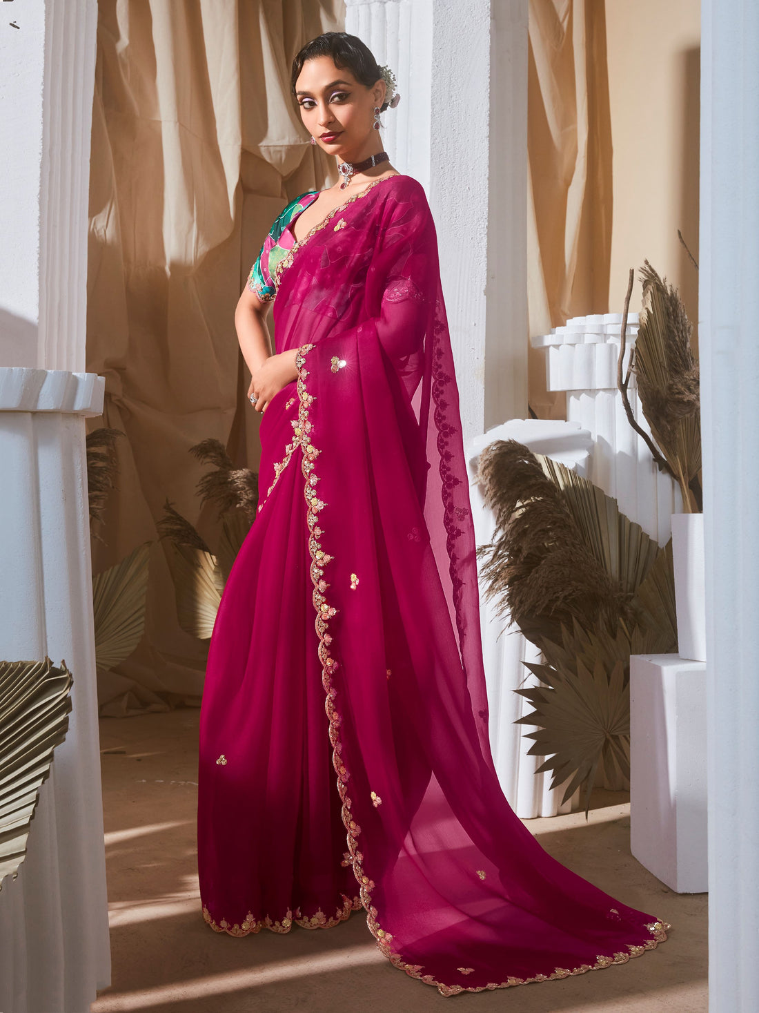 Alluring Hot Pink Sequins Embroidery Organza Party Wear Saree With Blouse