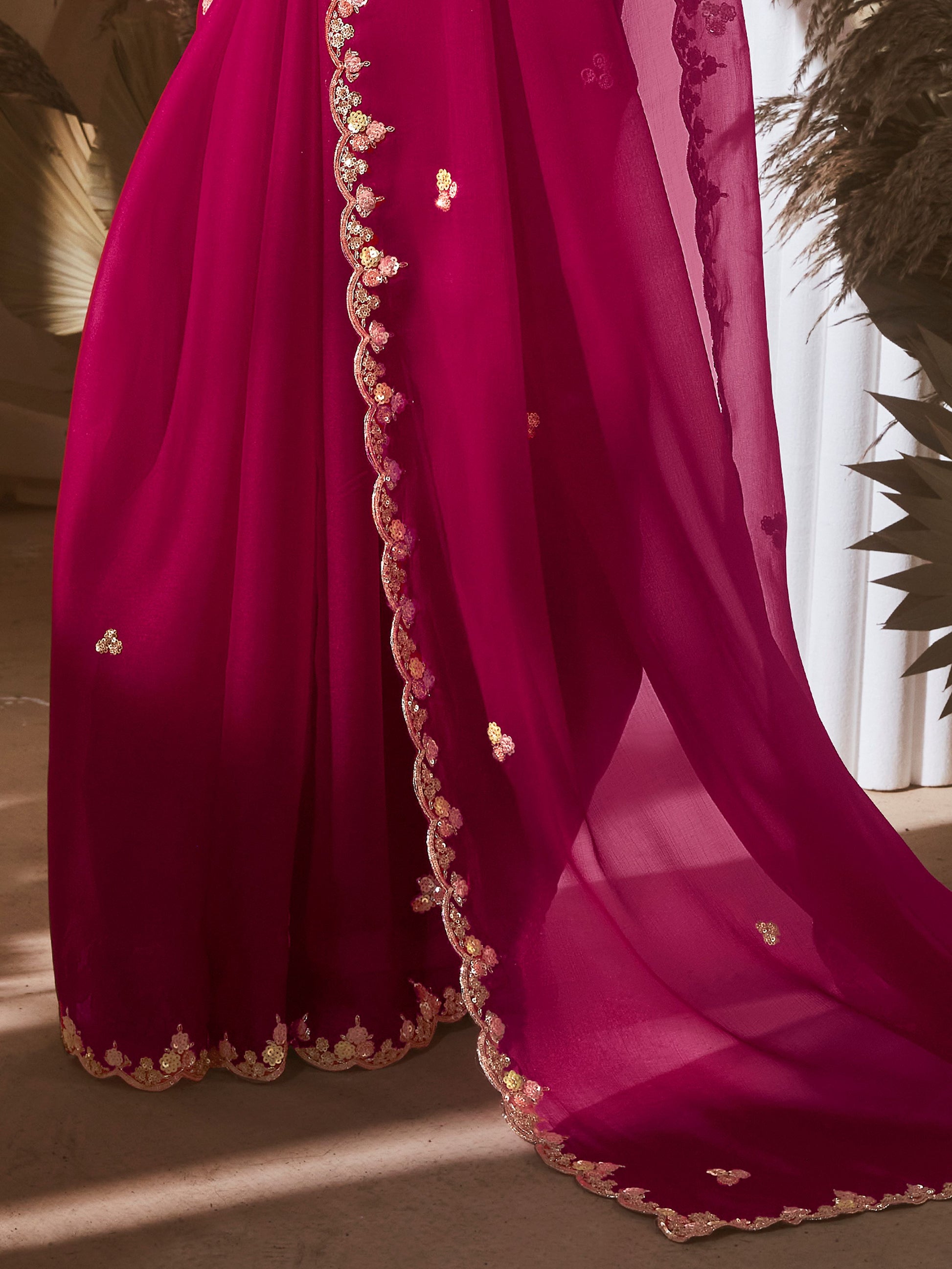 Alluring Hot Pink Sequins Embroidery Organza Party Wear Saree With Blouse