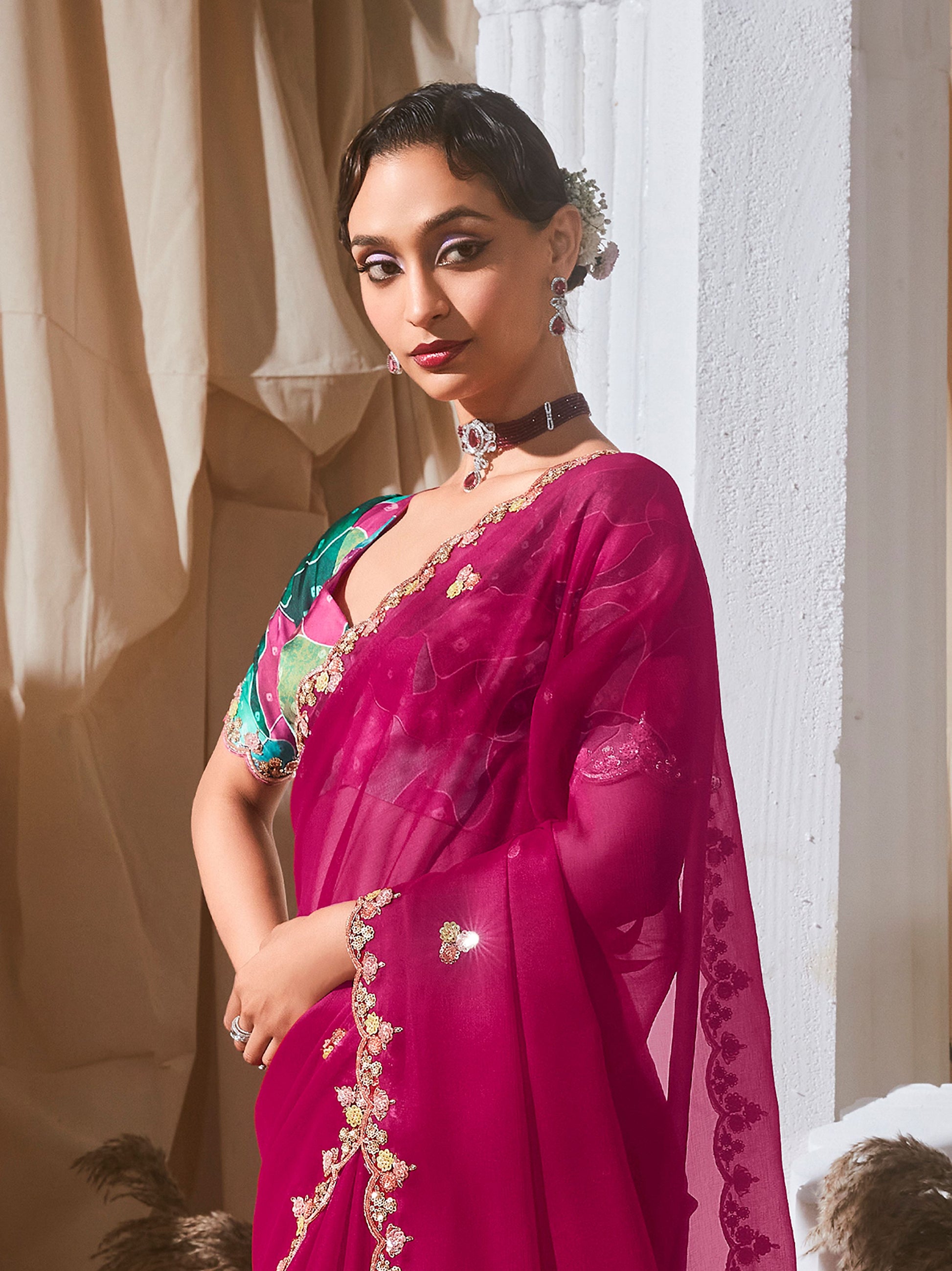 Alluring Hot Pink Sequins Embroidery Organza Party Wear Saree With Blouse