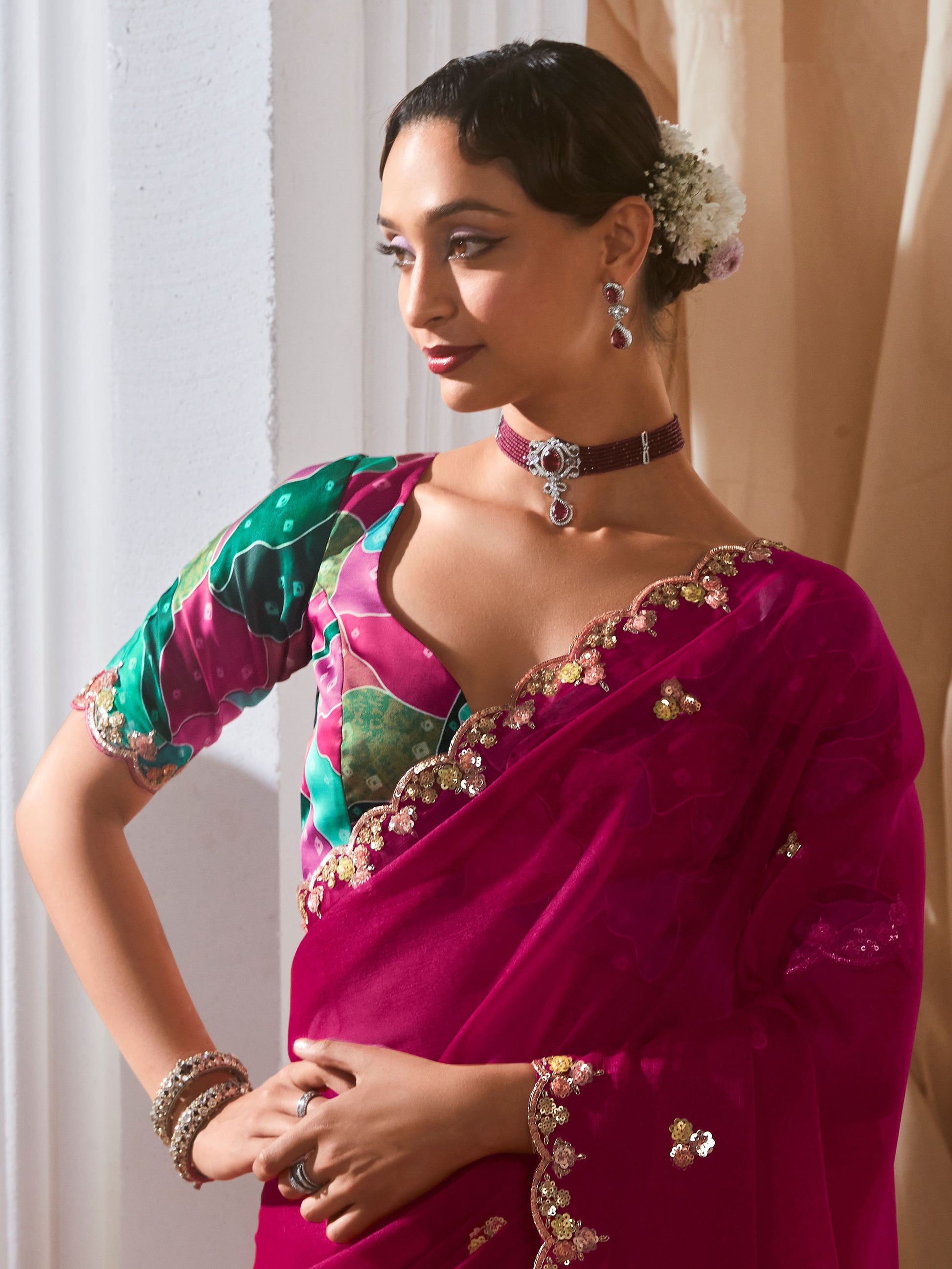 Alluring Hot Pink Sequins Embroidery Organza Party Wear Saree With Blouse
