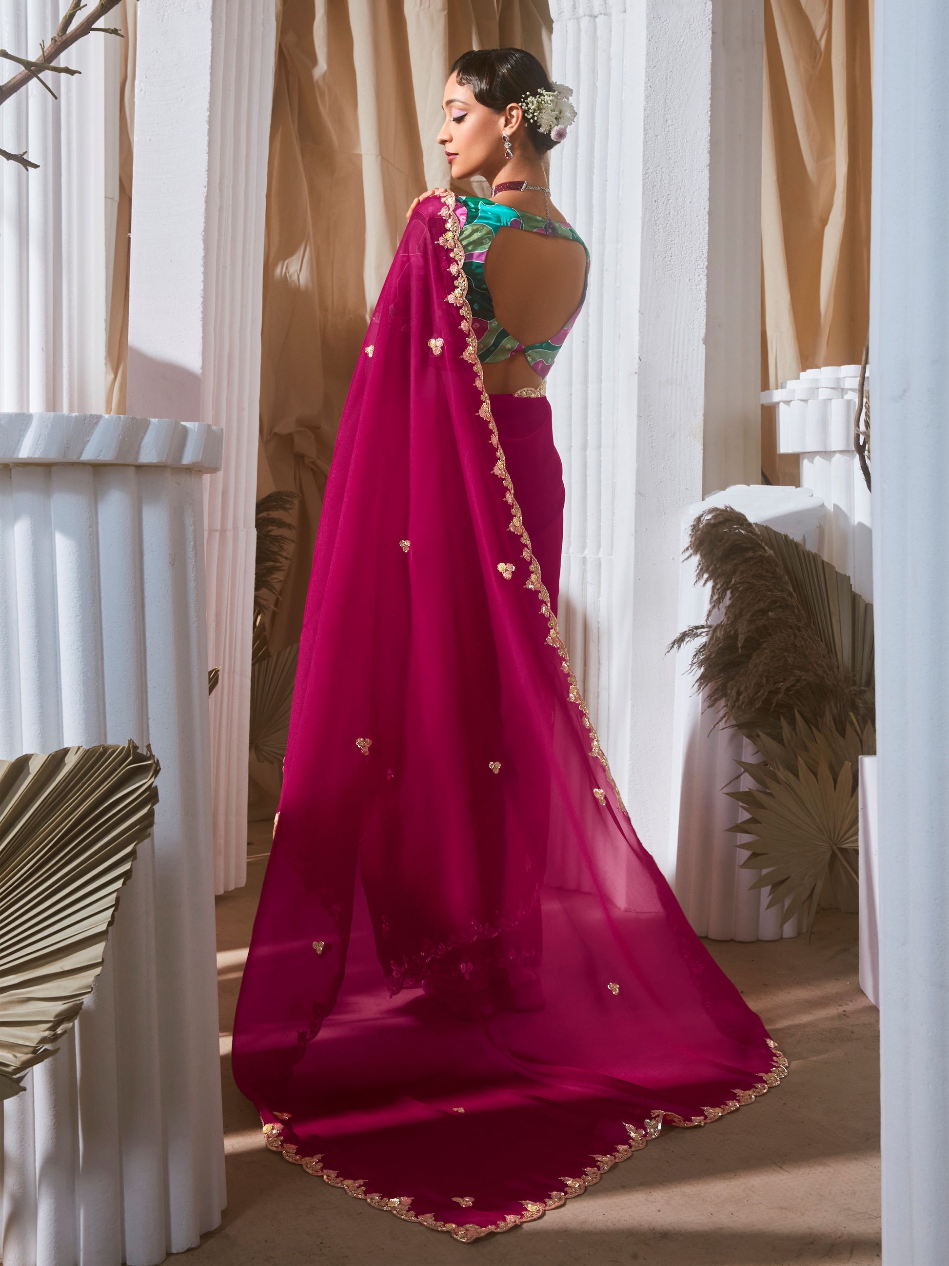 Alluring Hot Pink Sequins Embroidery Organza Party Wear Saree With Blouse