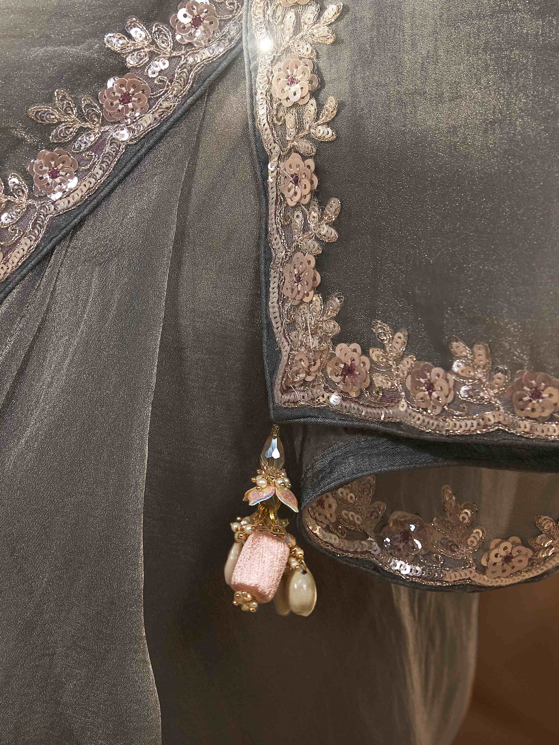 Amazing Grey Border Work Organza Reception Wear Saree With Blouse