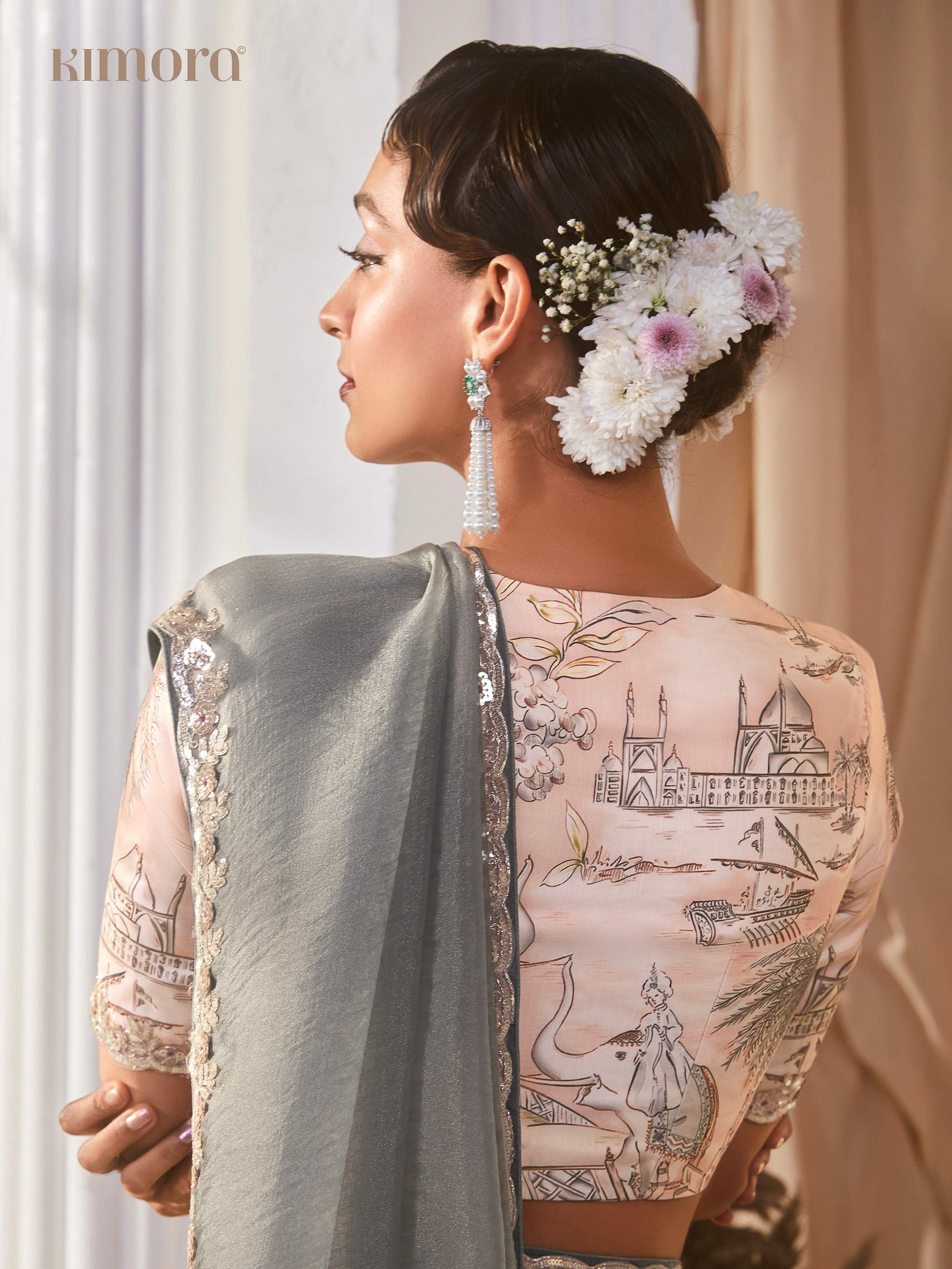 Amazing Grey Border Work Organza Reception Wear Saree With Blouse
