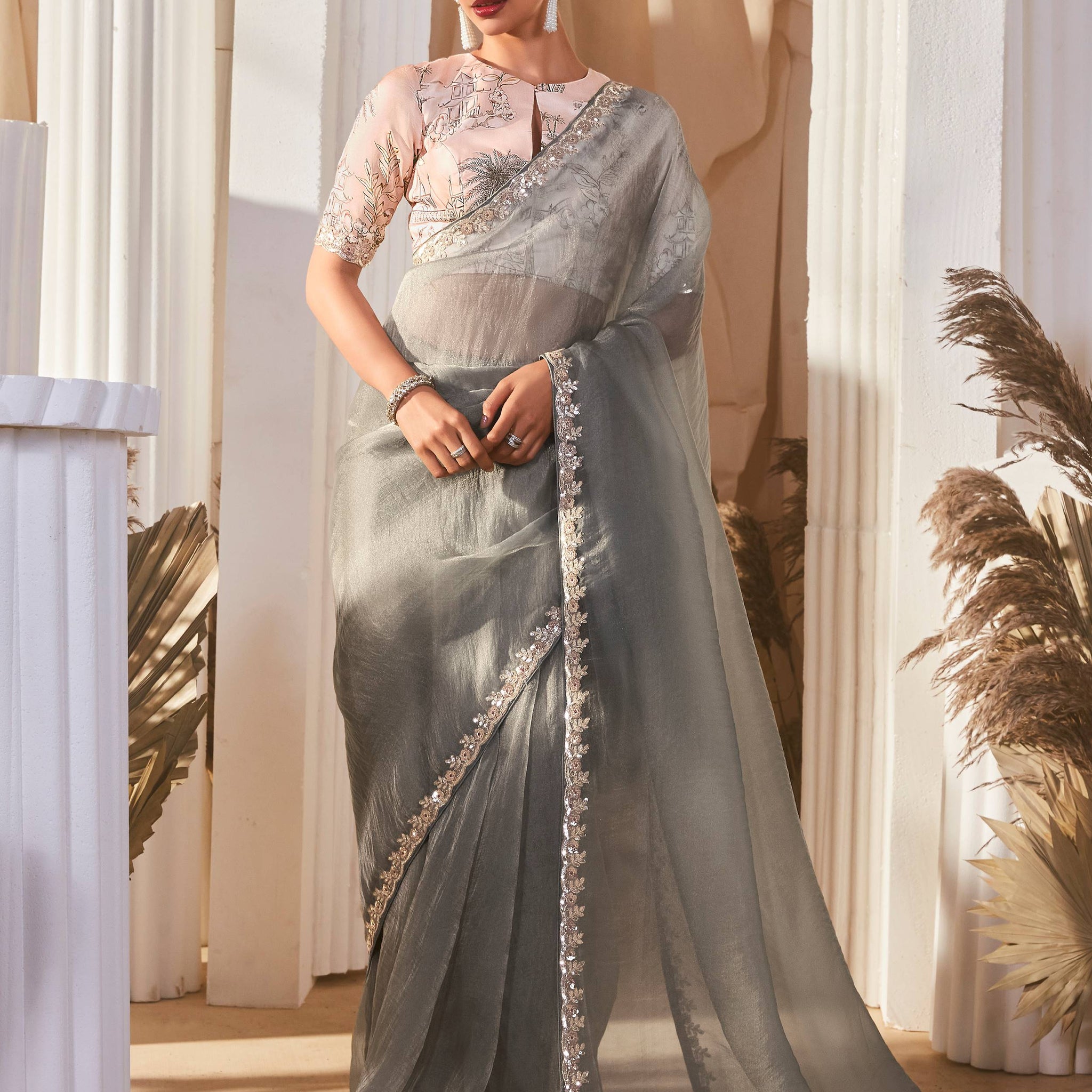 Amazing Grey Border Work Organza Reception Wear Saree With Blouse