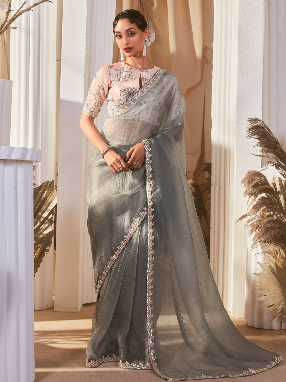 Amazing Grey Border Work Organza Reception Wear Saree With Blouse