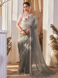 Amazing Grey Border Work Organza Reception Wear Saree With Blouse