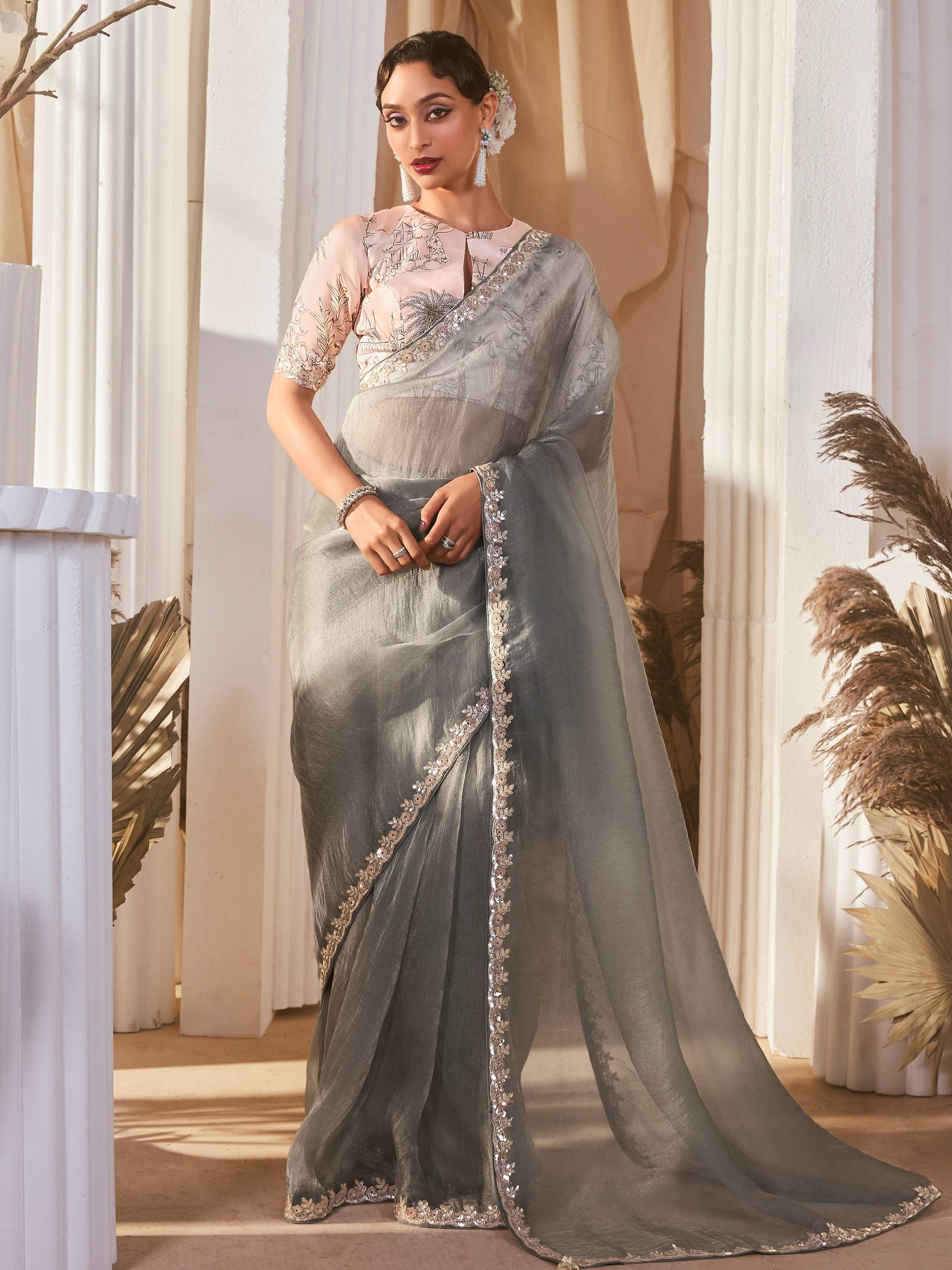 Amazing Grey Border Work Organza Reception Wear Saree With Blouse