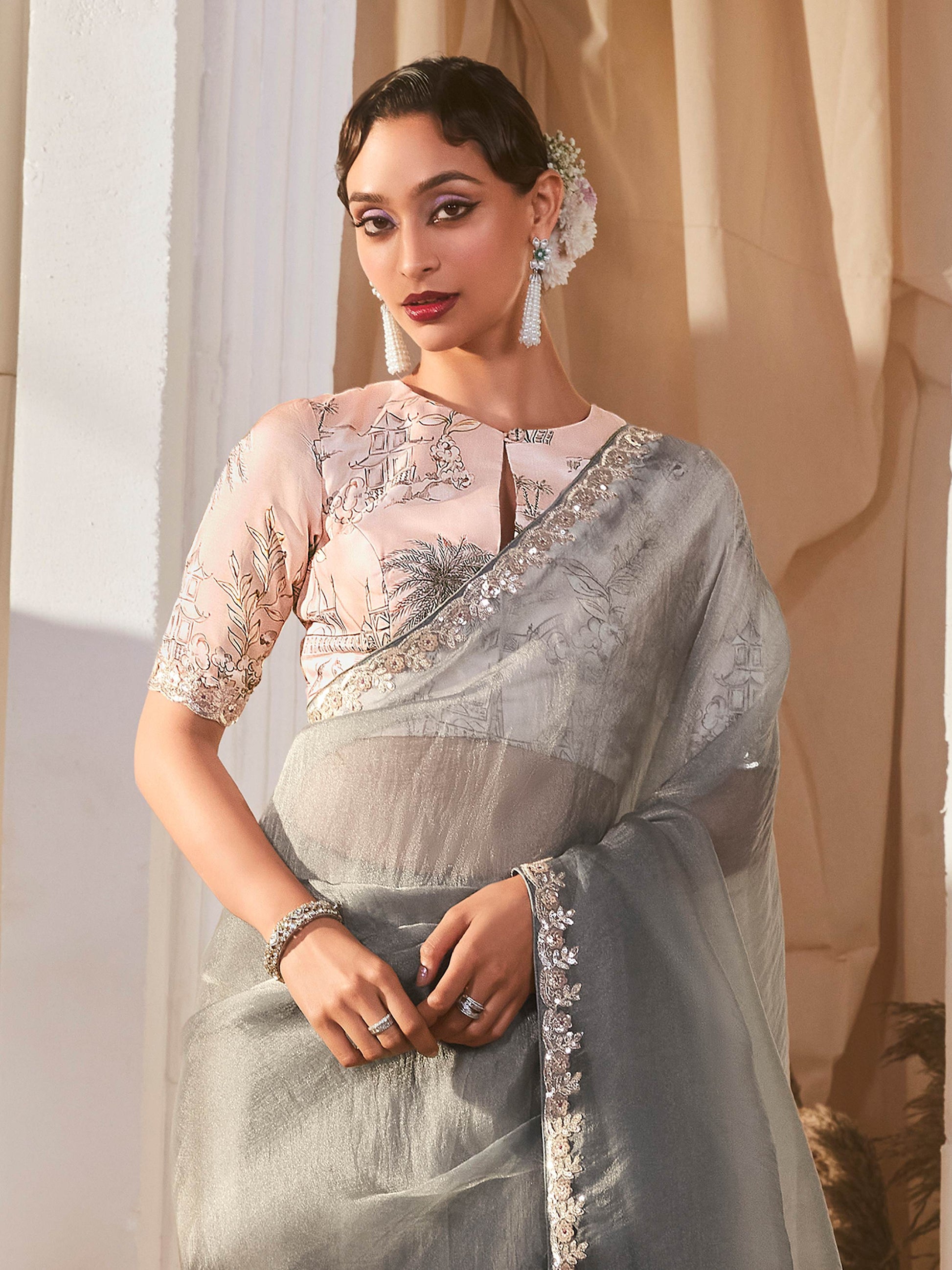 Amazing Grey Border Work Organza Reception Wear Saree With Blouse