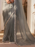 Amazing Grey Border Work Organza Reception Wear Saree With Blouse