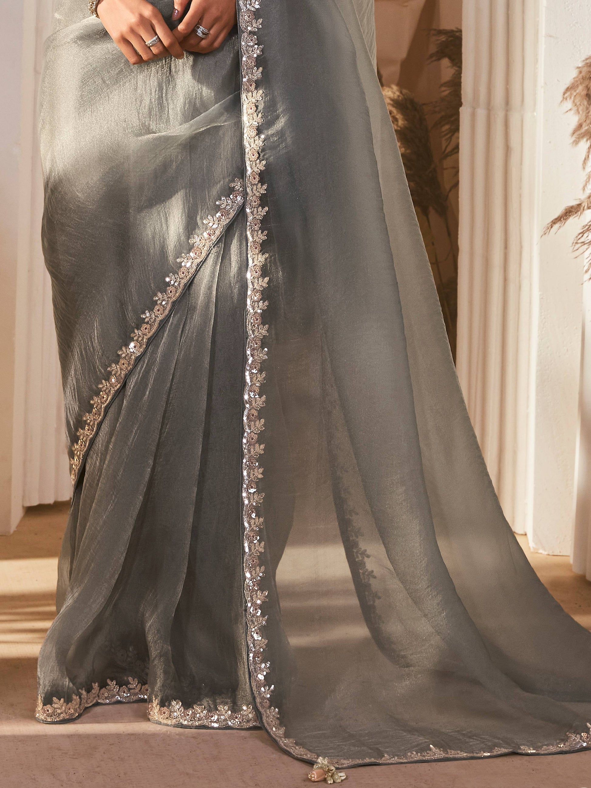 Amazing Grey Border Work Organza Reception Wear Saree With Blouse