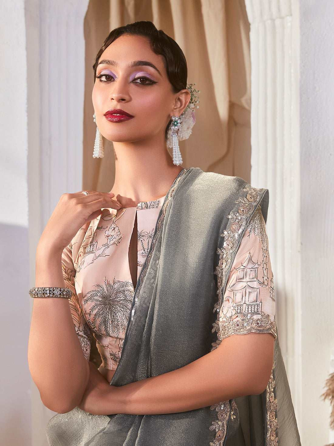 Amazing Grey Border Work Organza Reception Wear Saree With Blouse