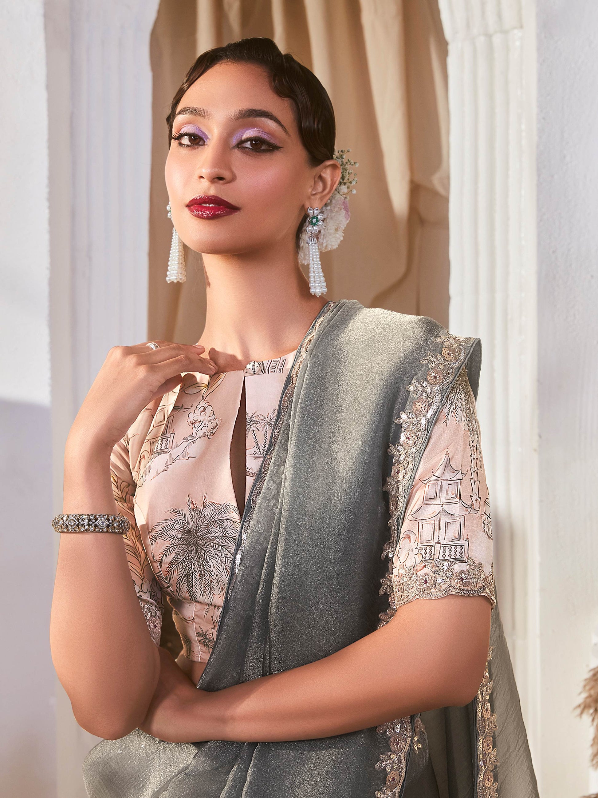 Amazing Grey Border Work Organza Reception Wear Saree With Blouse